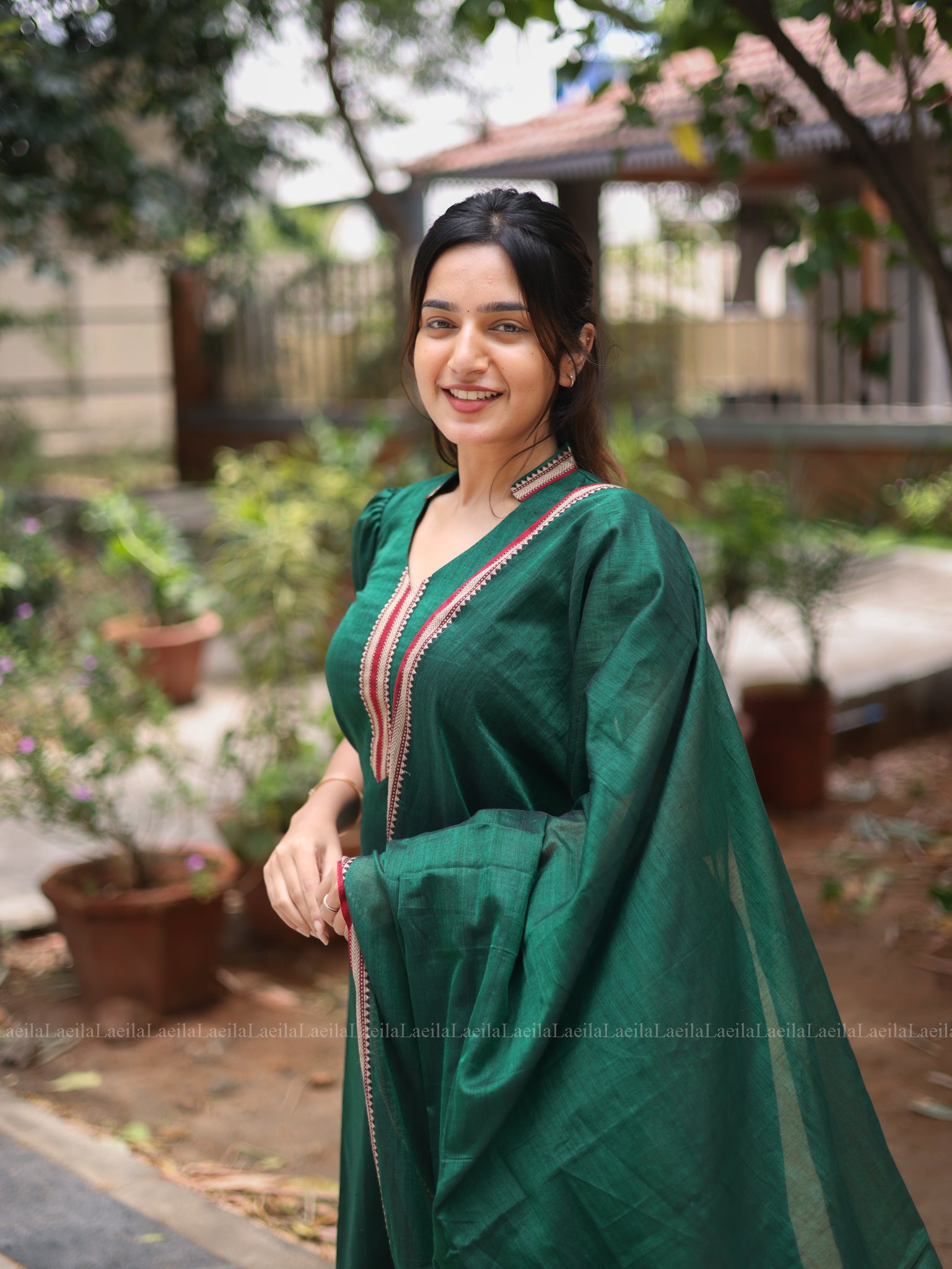 Dark Green Malar Narayanpet Salwar set with Puff Sleeve