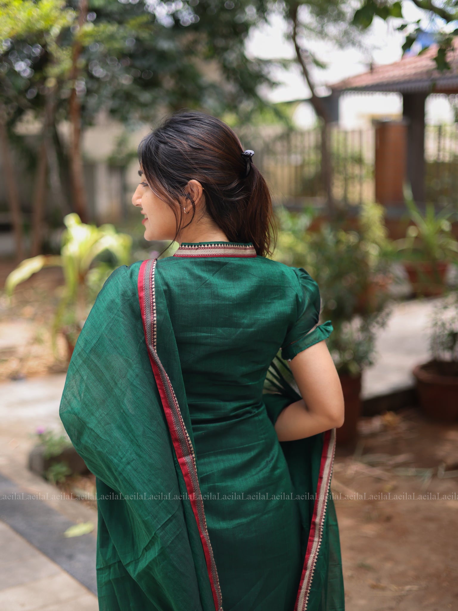 Dark Green Malar Narayanpet Salwar set with Puff Sleeve