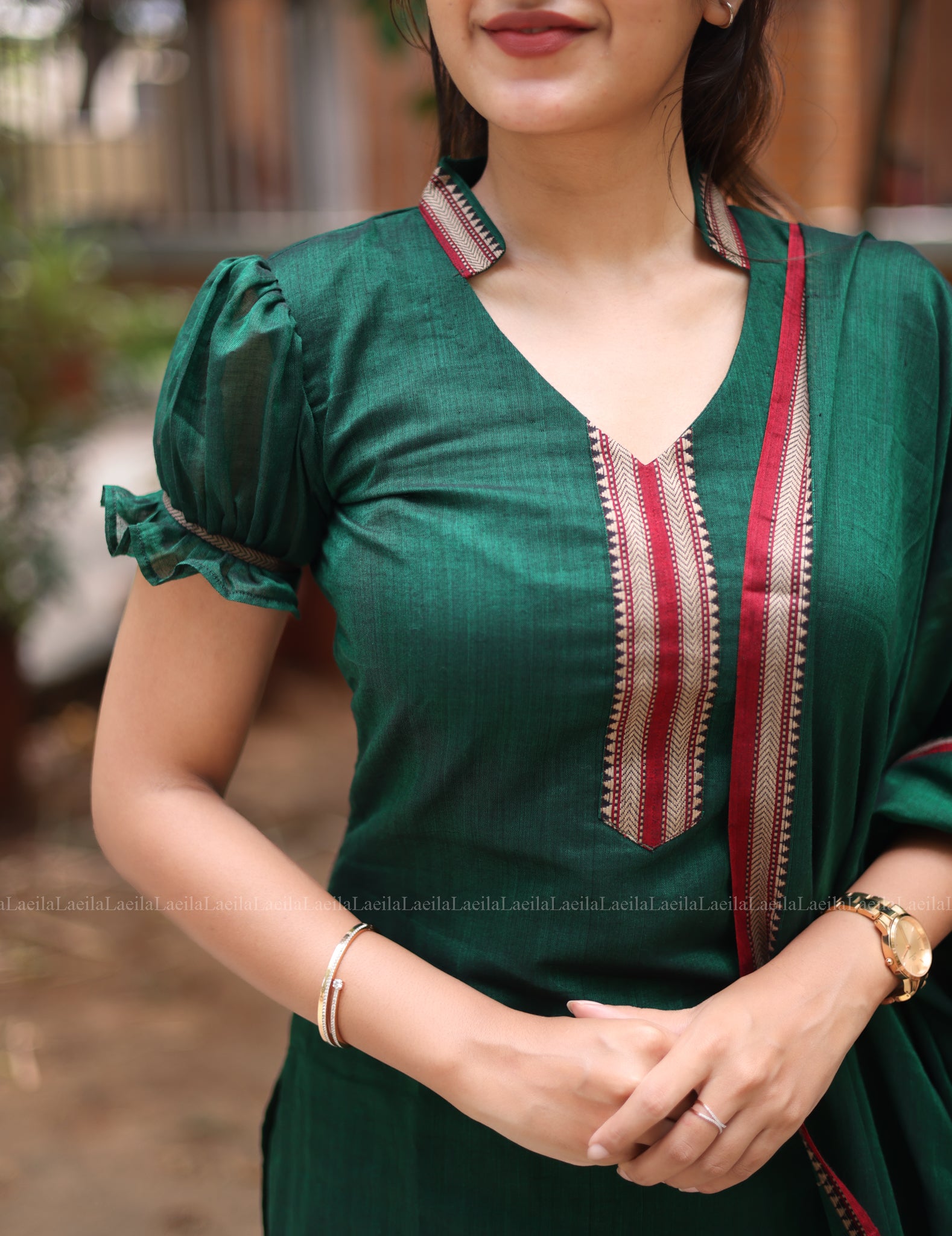 Dark Green Malar Narayanpet Salwar set with Puff Sleeve