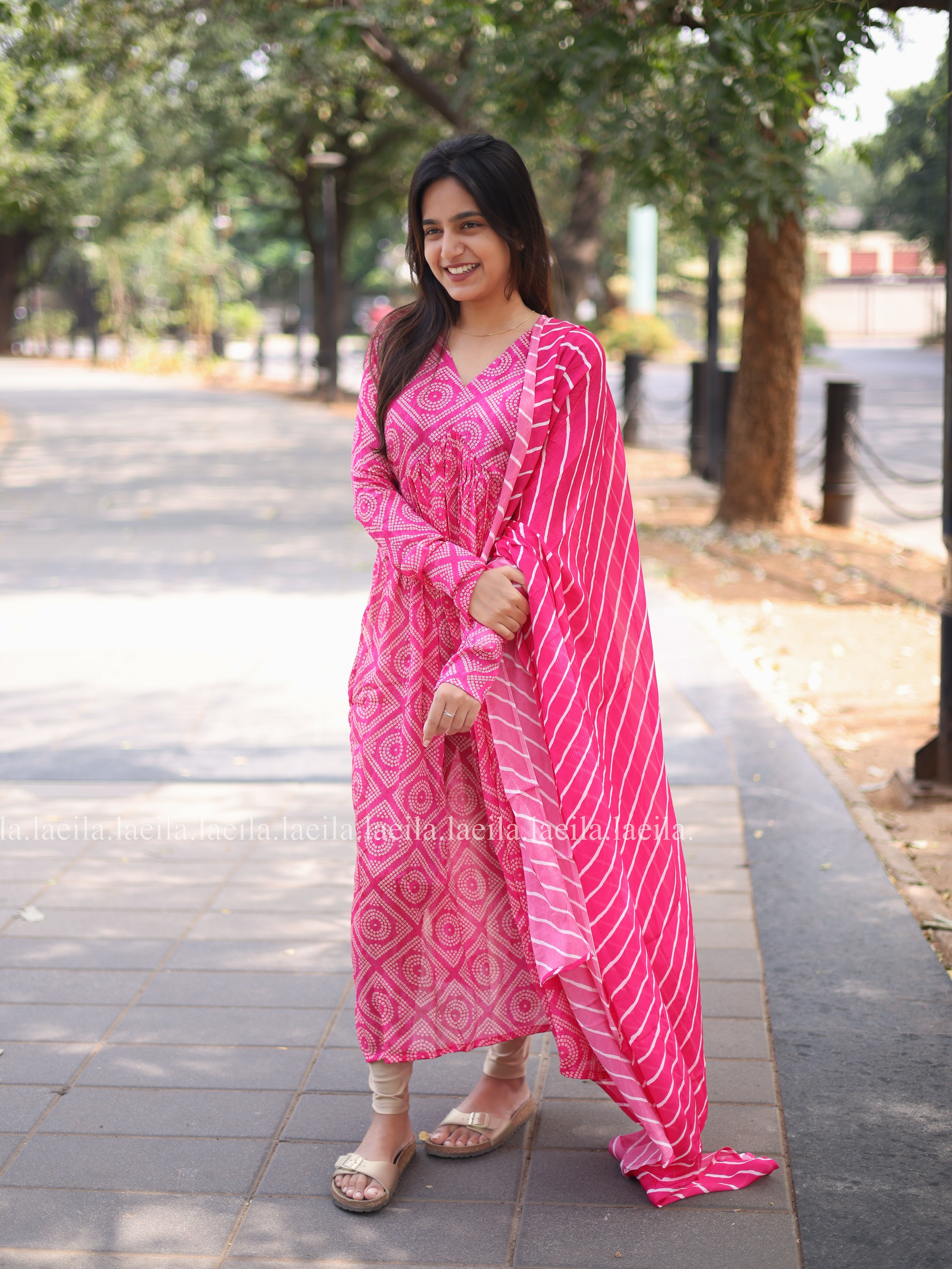 Bright Pink Alia cut Top & Dupatta