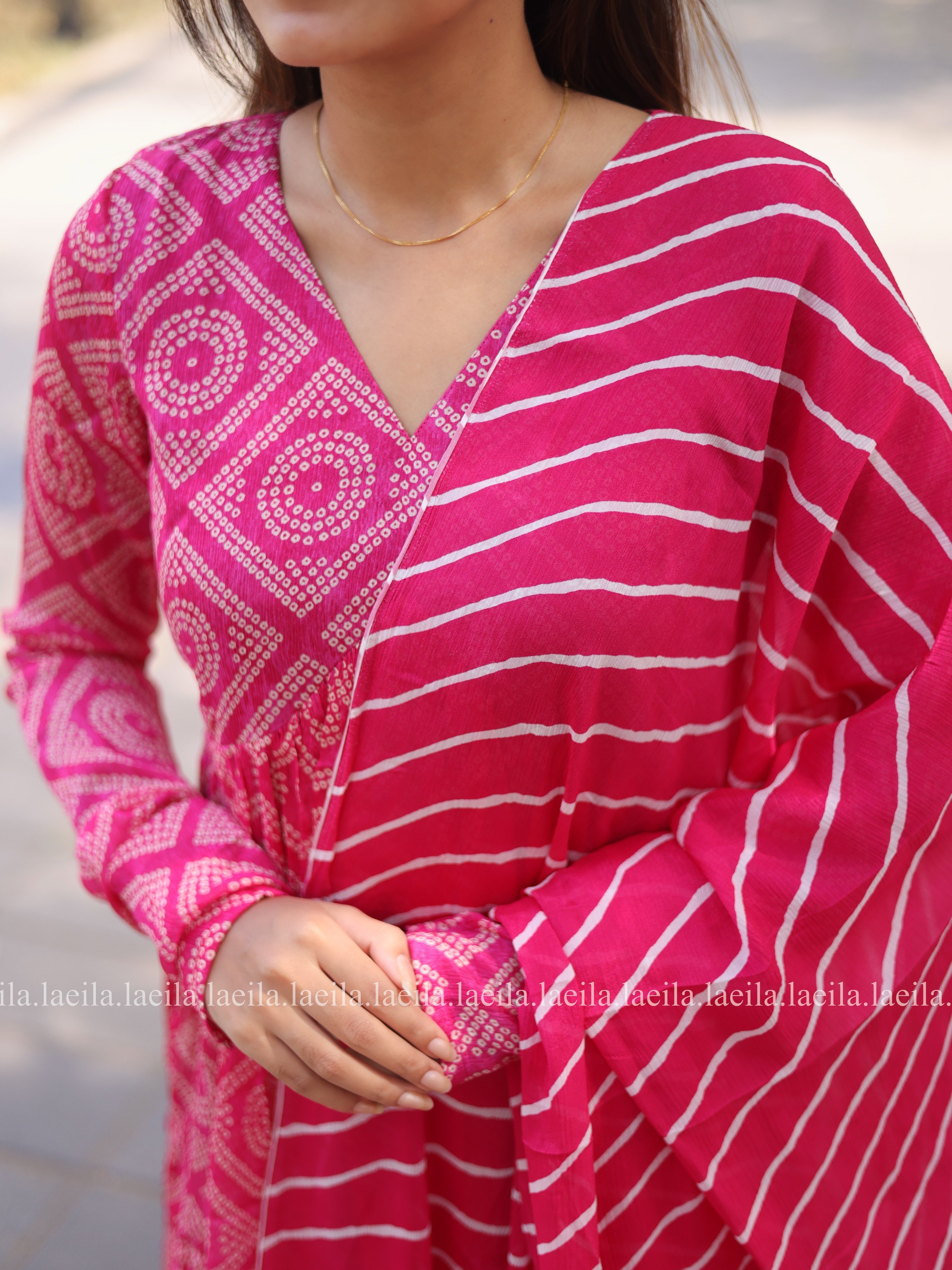 Bright Pink Alia cut Top & Dupatta