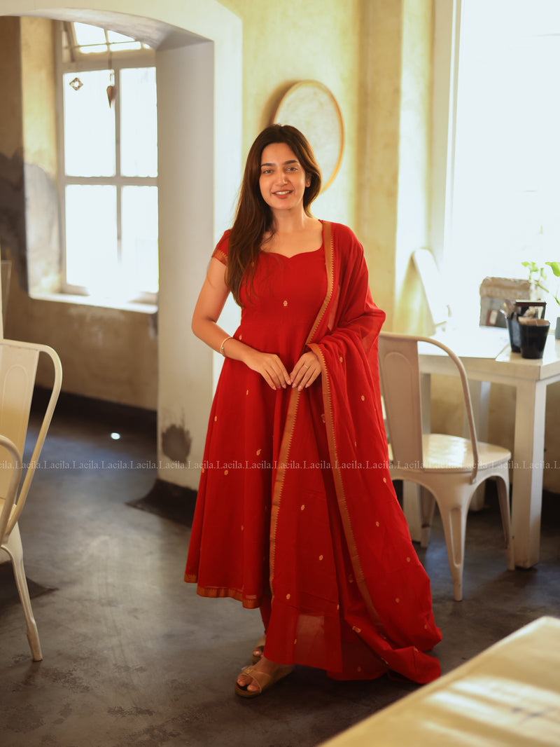 Red Malar Narayanpet Anarkali Top & Dupatta