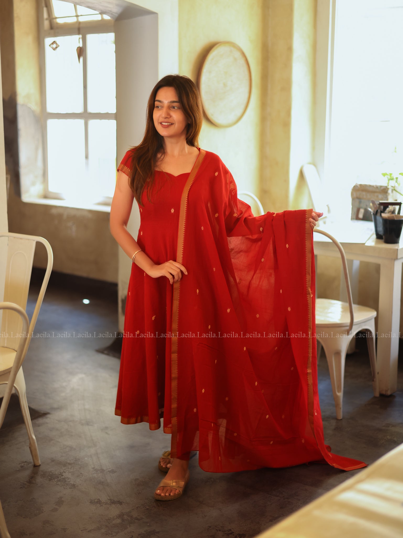 Red Malar Narayanpet Anarkali Top & Dupatta