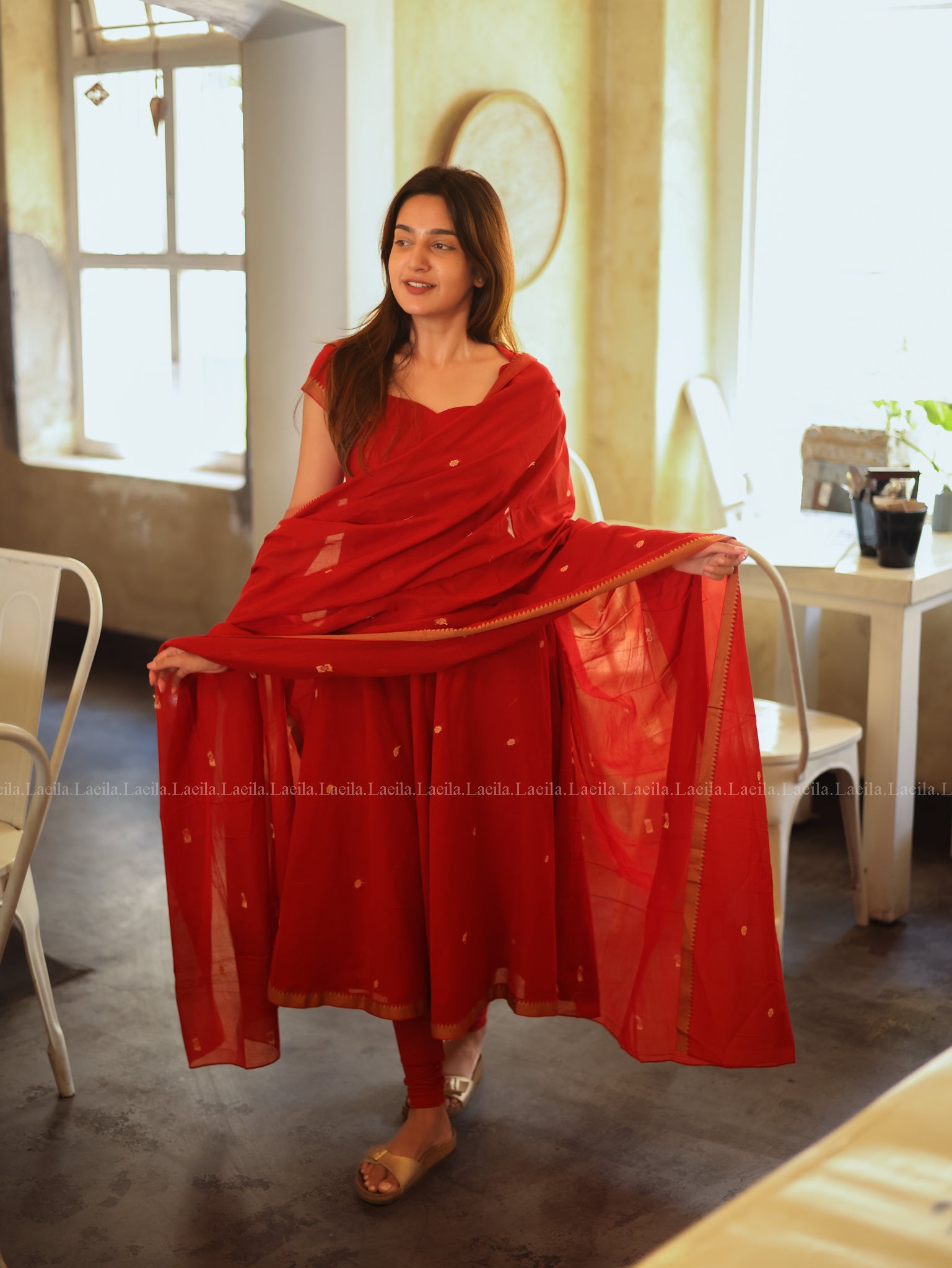 Red Malar Narayanpet Anarkali Top & Dupatta