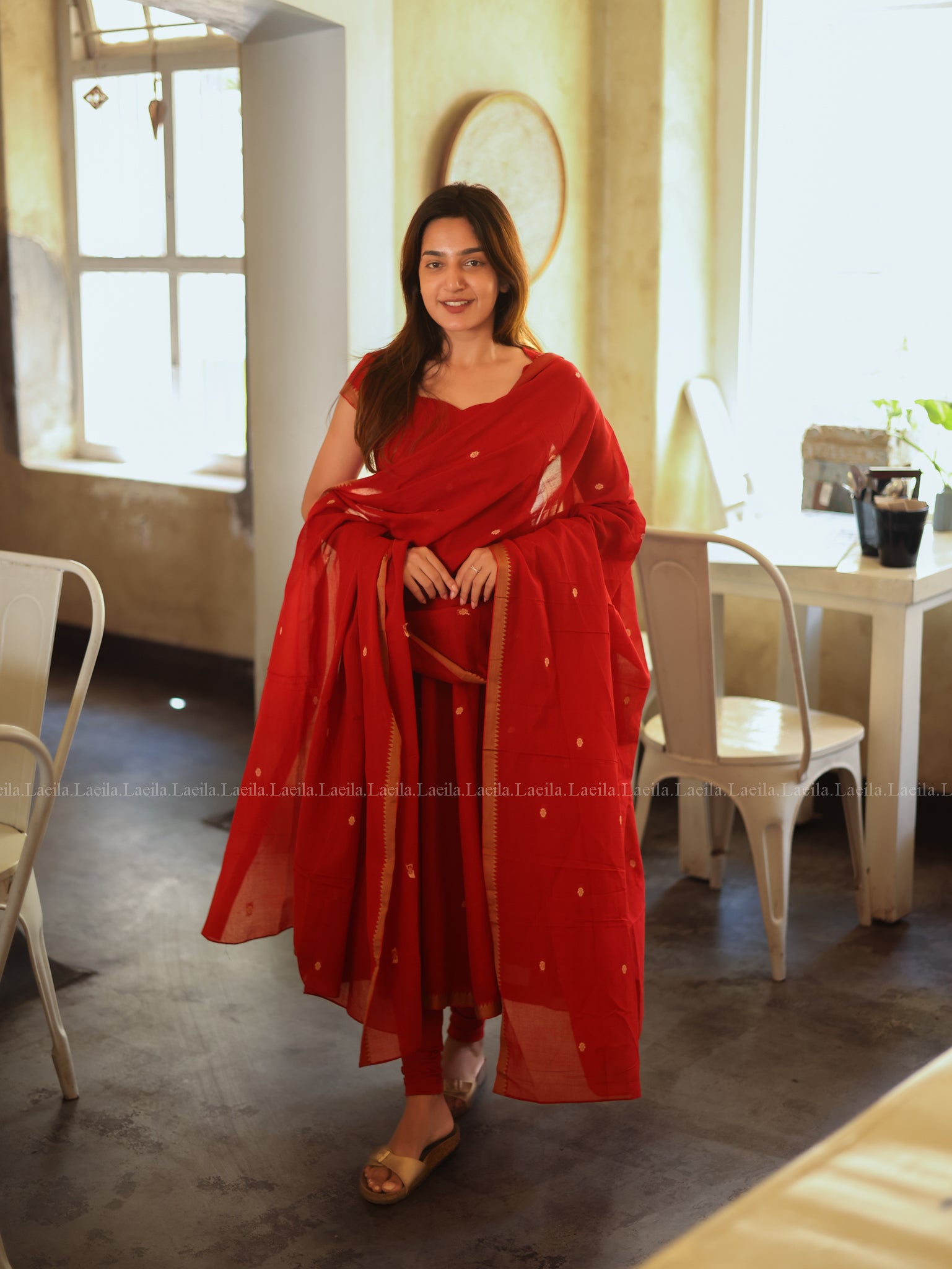 Red Malar Narayanpet Anarkali Top & Dupatta