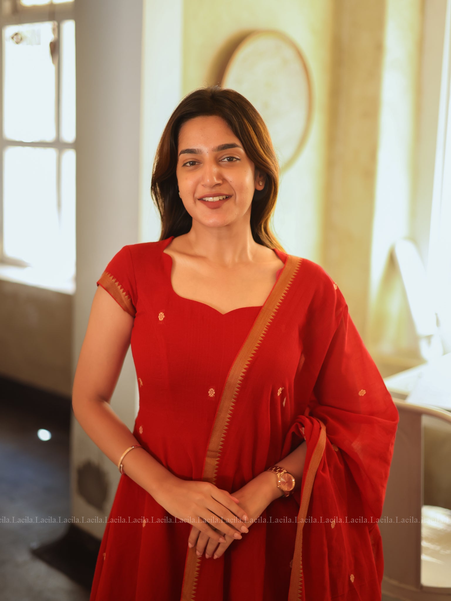 Red Malar Narayanpet Anarkali Top & Dupatta