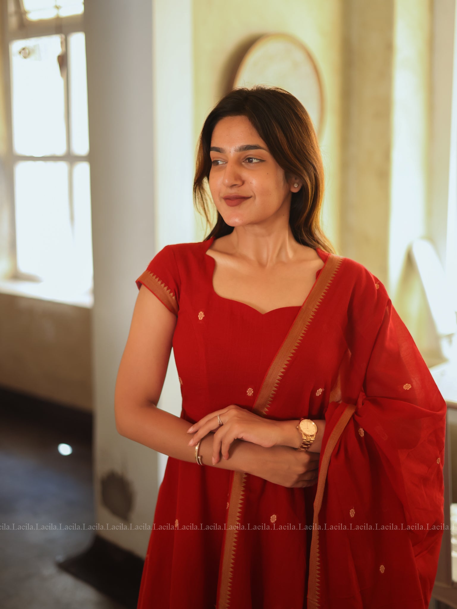 Red Malar Narayanpet Anarkali Top & Dupatta