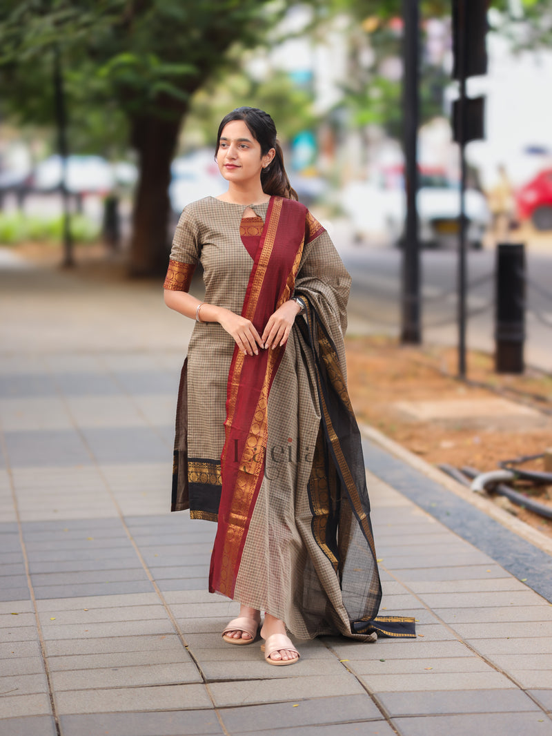 Grey Checked & Maroon Border Kanchi Cotton Top & Dupatta