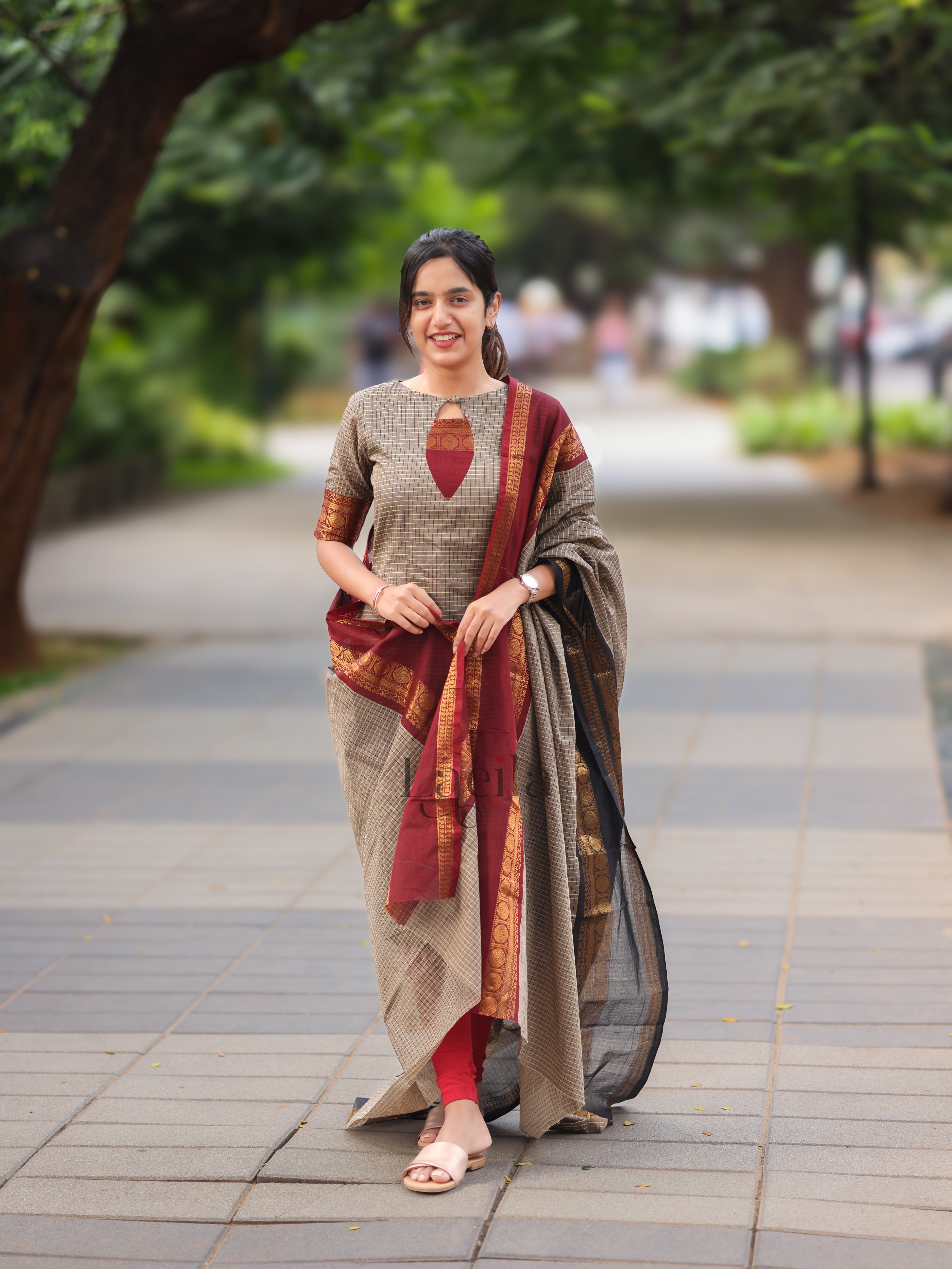 Grey Checked & Maroon Border Kanchi Cotton Top & Dupatta