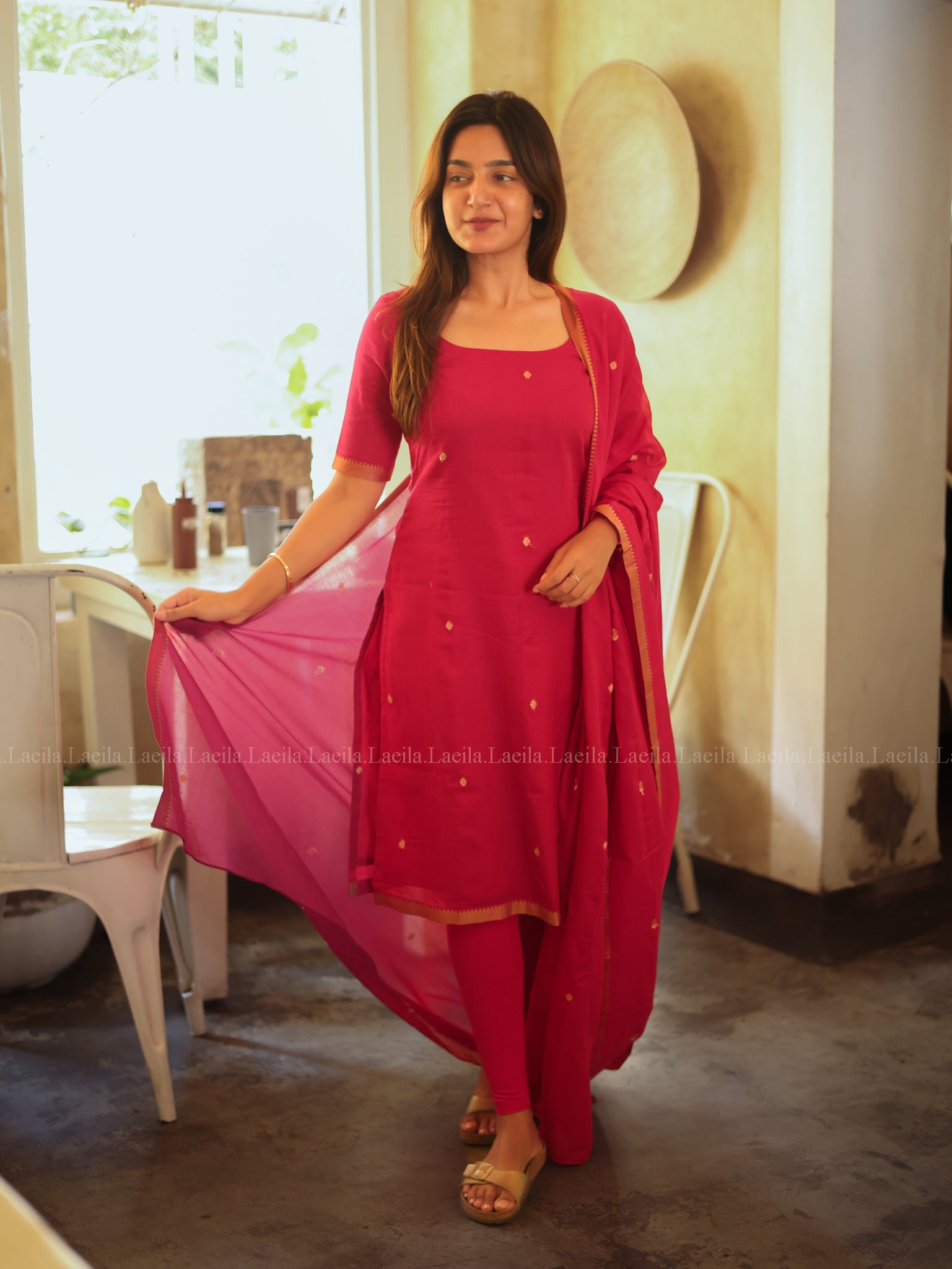 Pink Malar Narayanpet Top & Dupatta