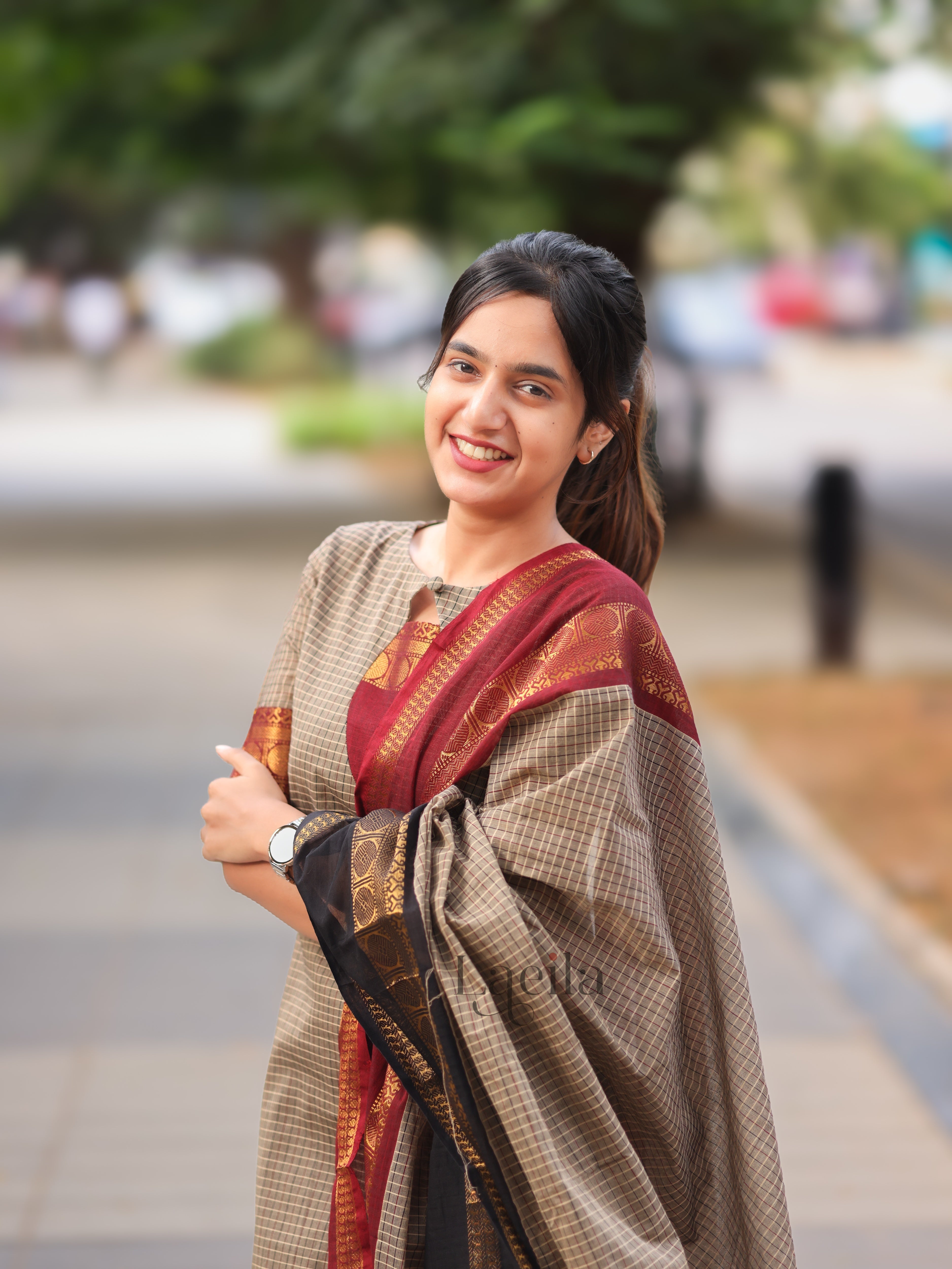Grey Checked & Maroon Border Kanchi Cotton Top & Dupatta