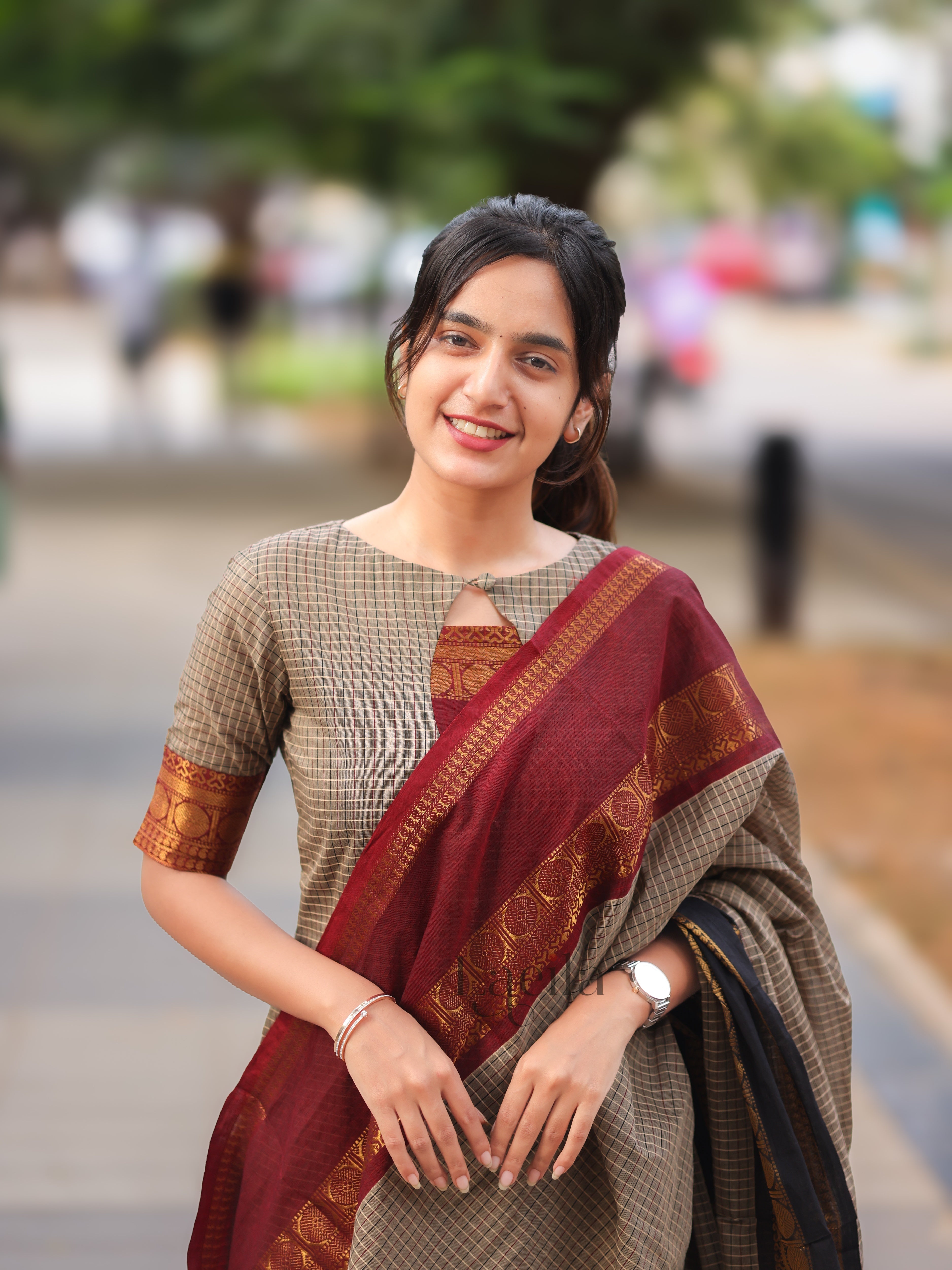 Grey Checked & Maroon Border Kanchi Cotton Top & Dupatta