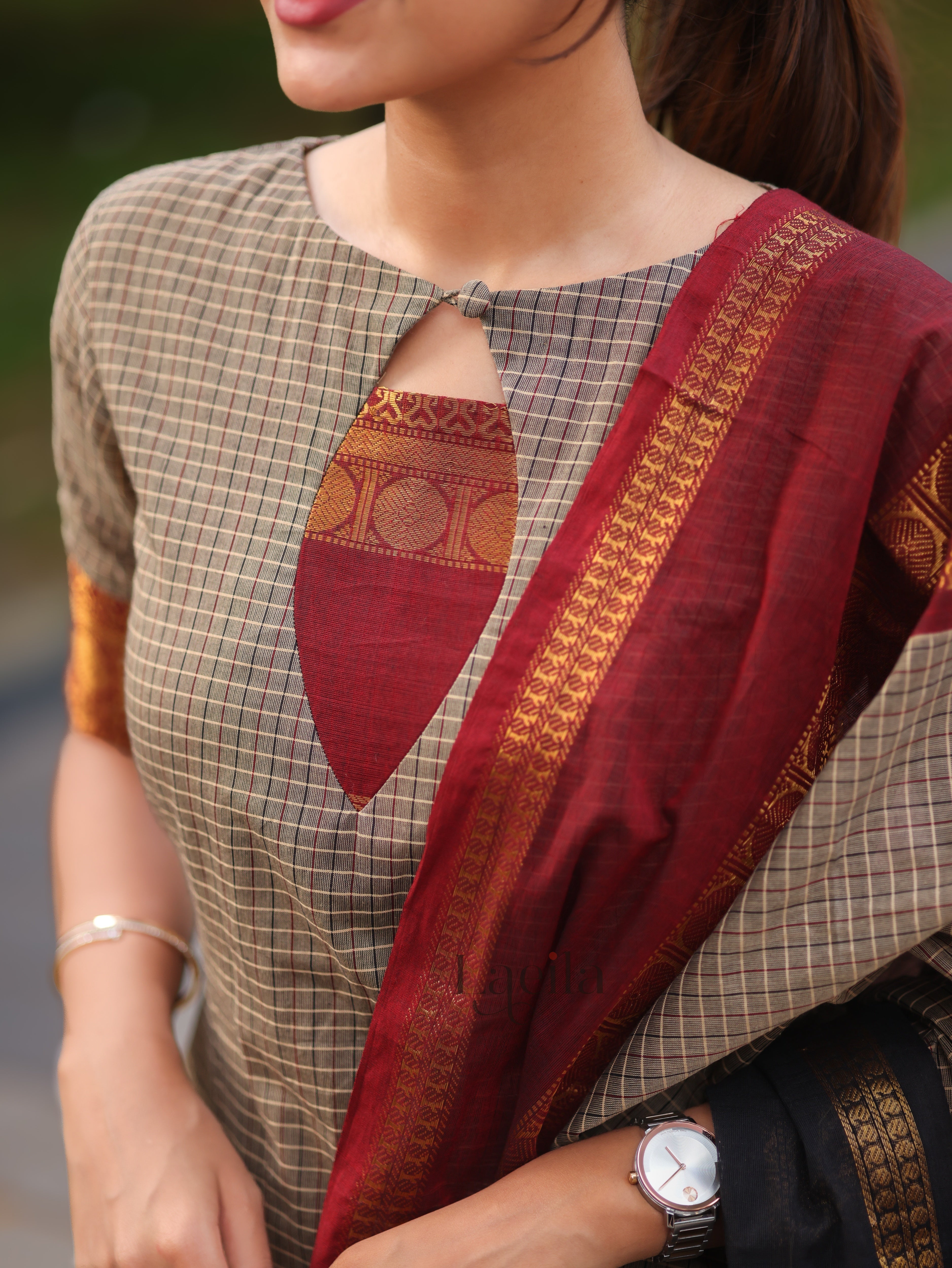 Grey Checked & Maroon Border Kanchi Cotton Top & Dupatta