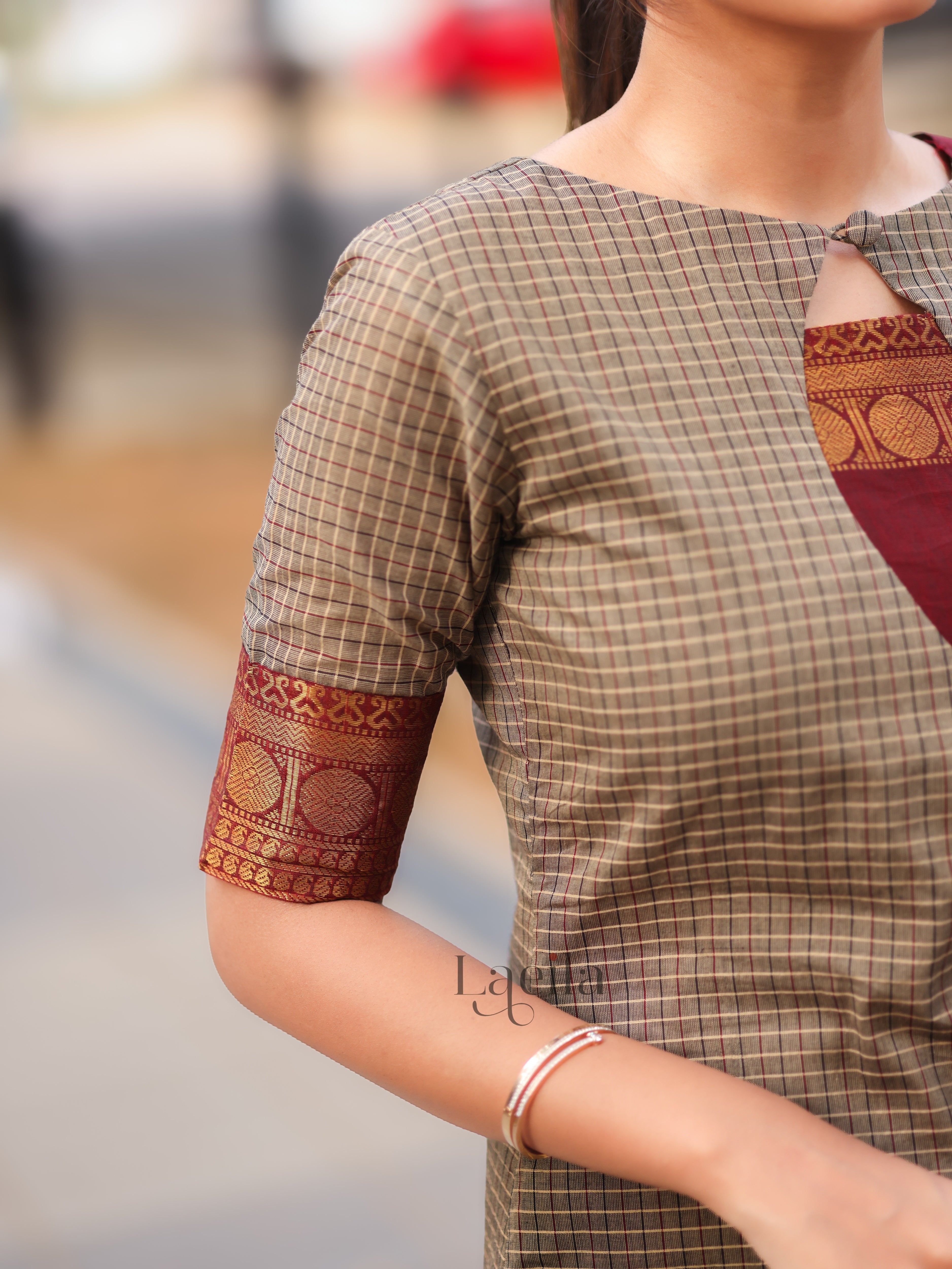 Grey Checked & Maroon Border Kanchi Cotton Top & Dupatta