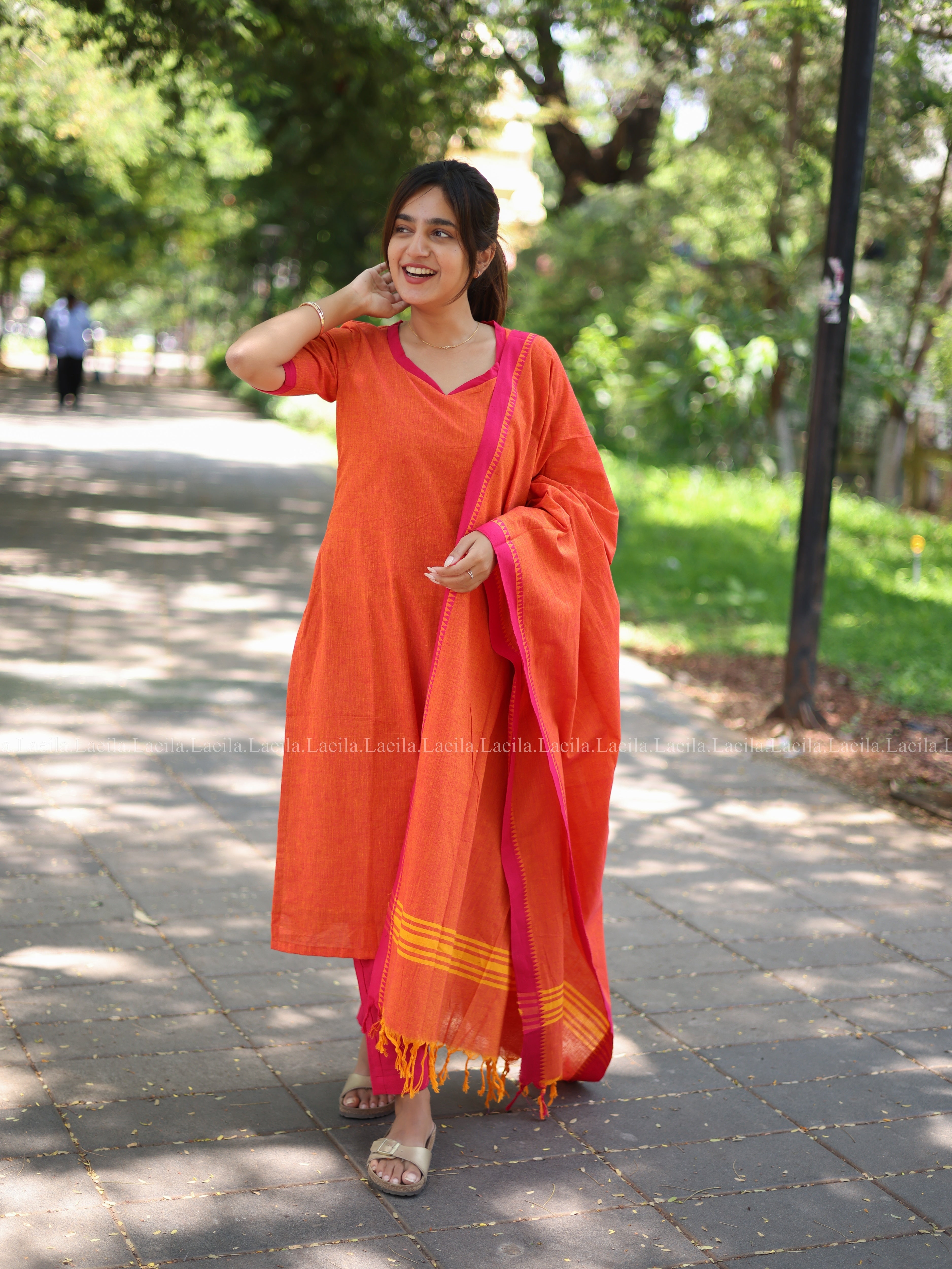 Orange with pink cotton kadhambari set