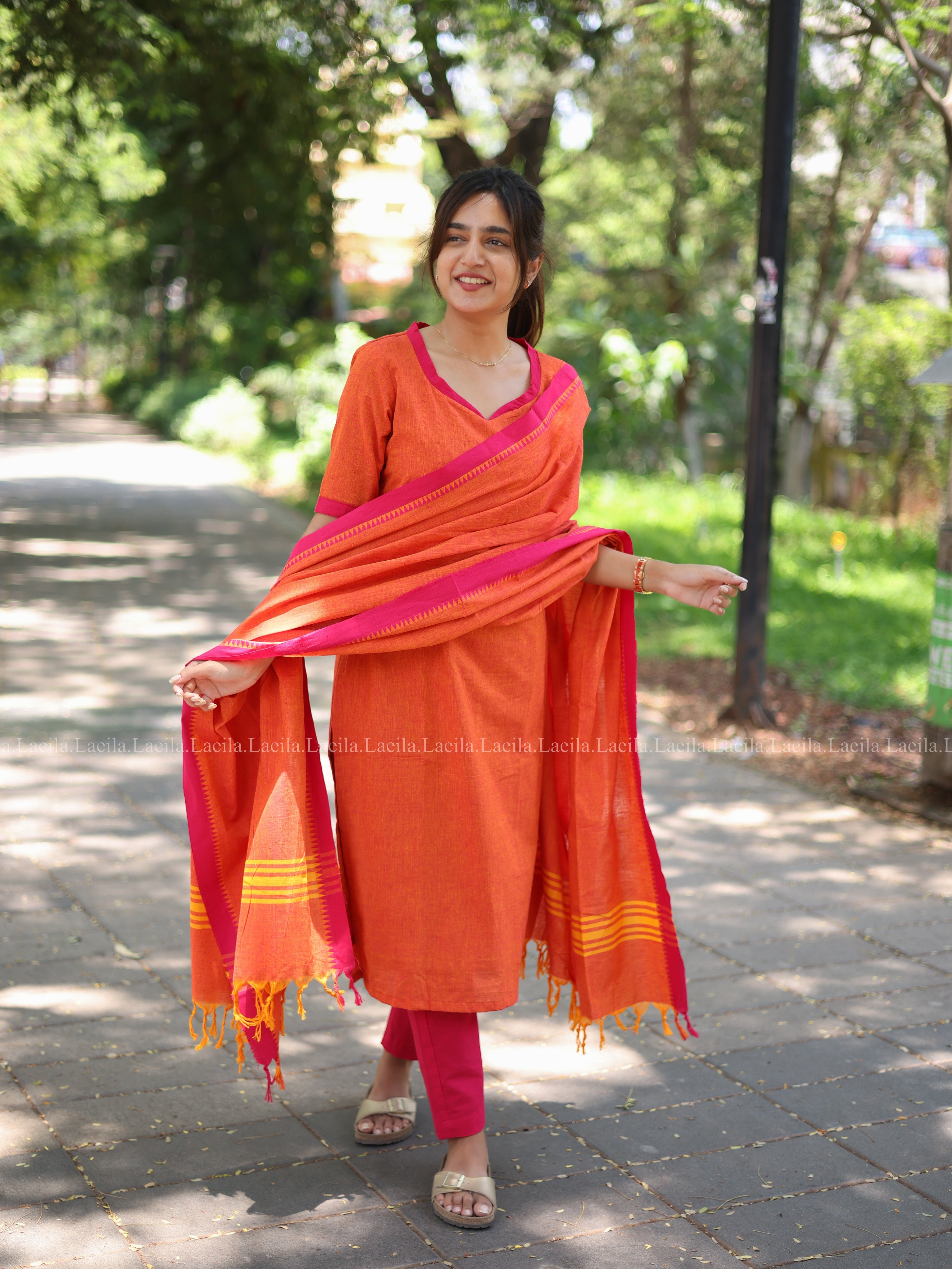 Orange with pink cotton kadhambari set