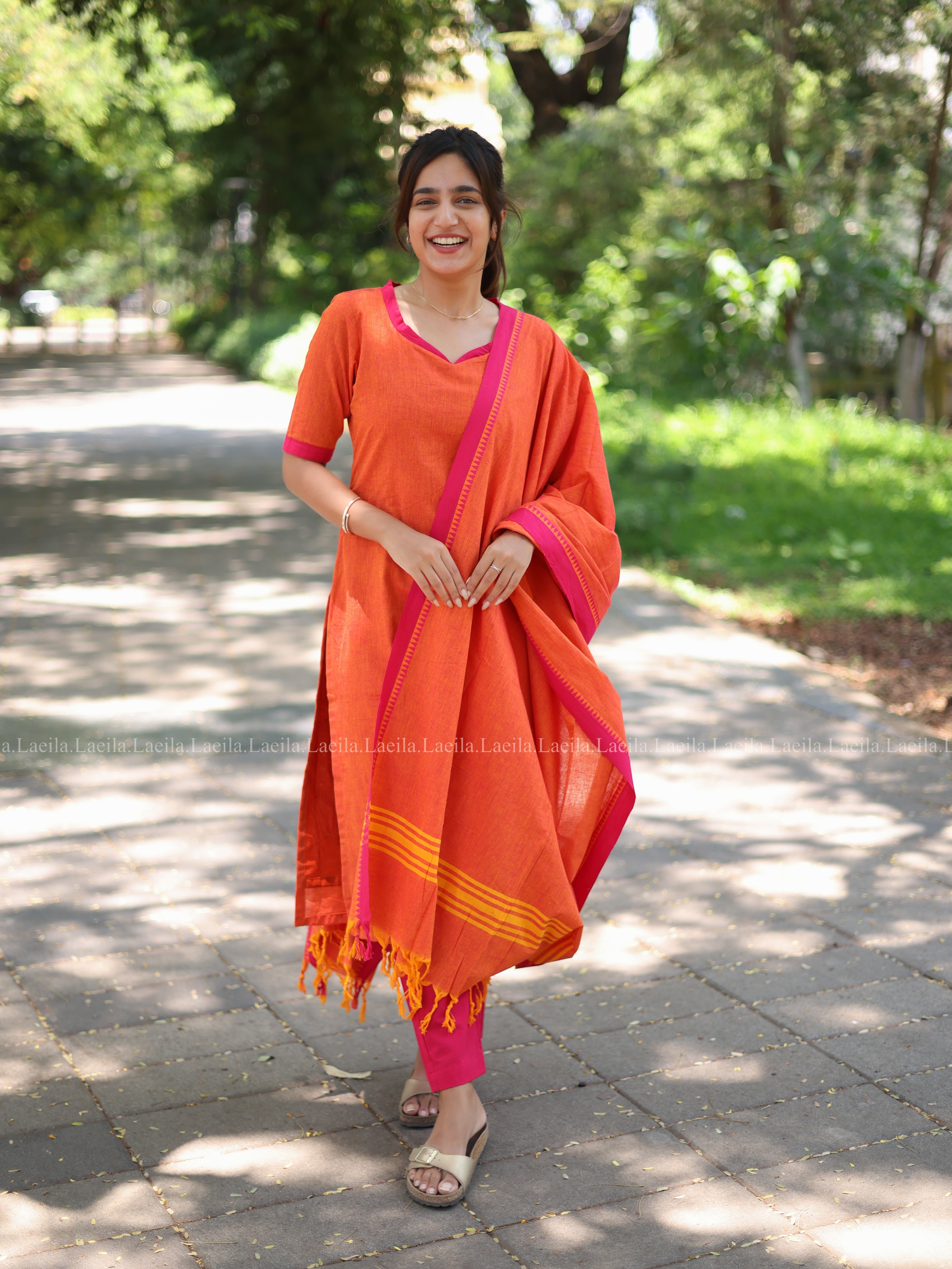 Orange with pink cotton kadhambari set