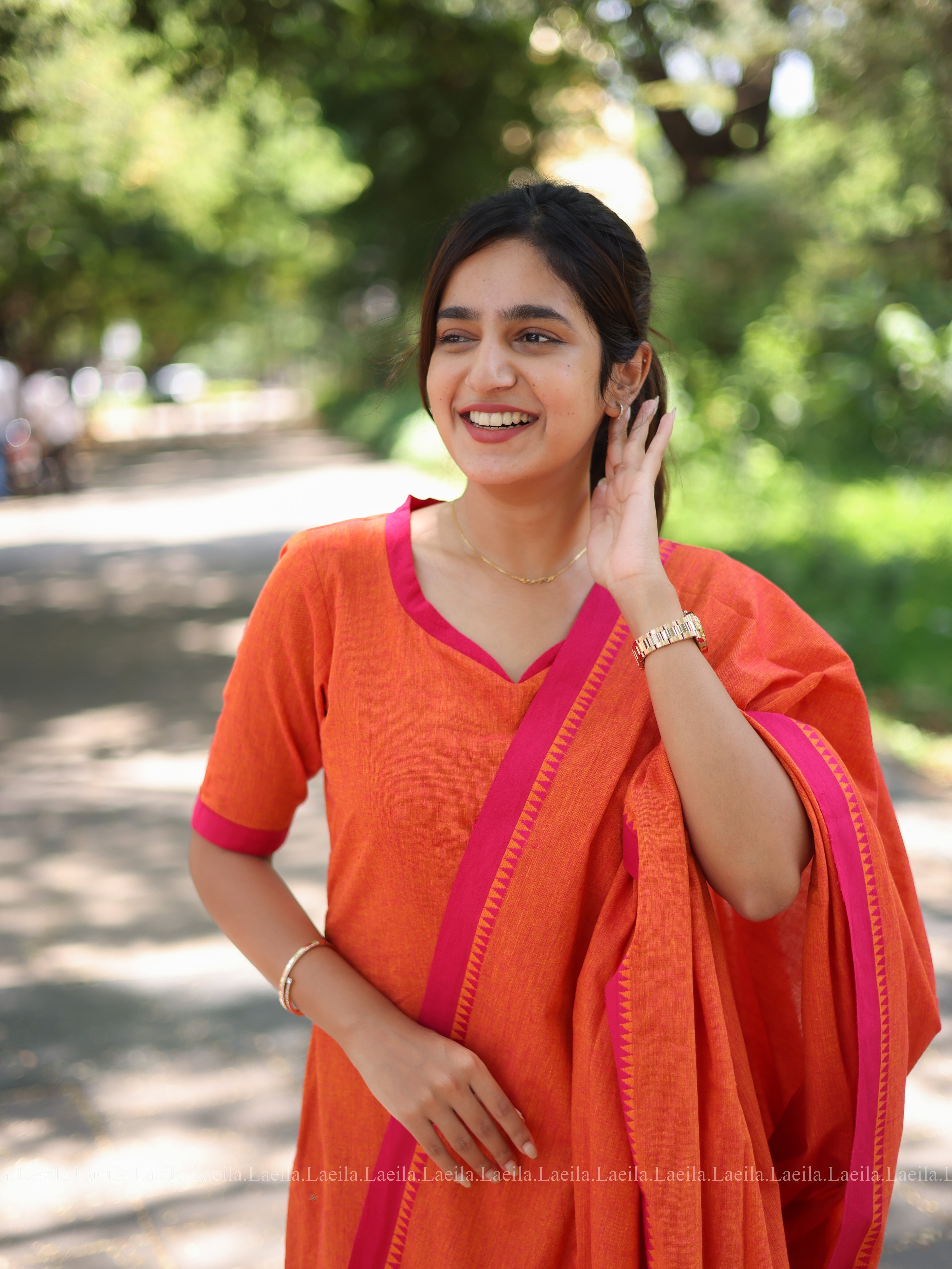 Orange with pink cotton kadhambari set