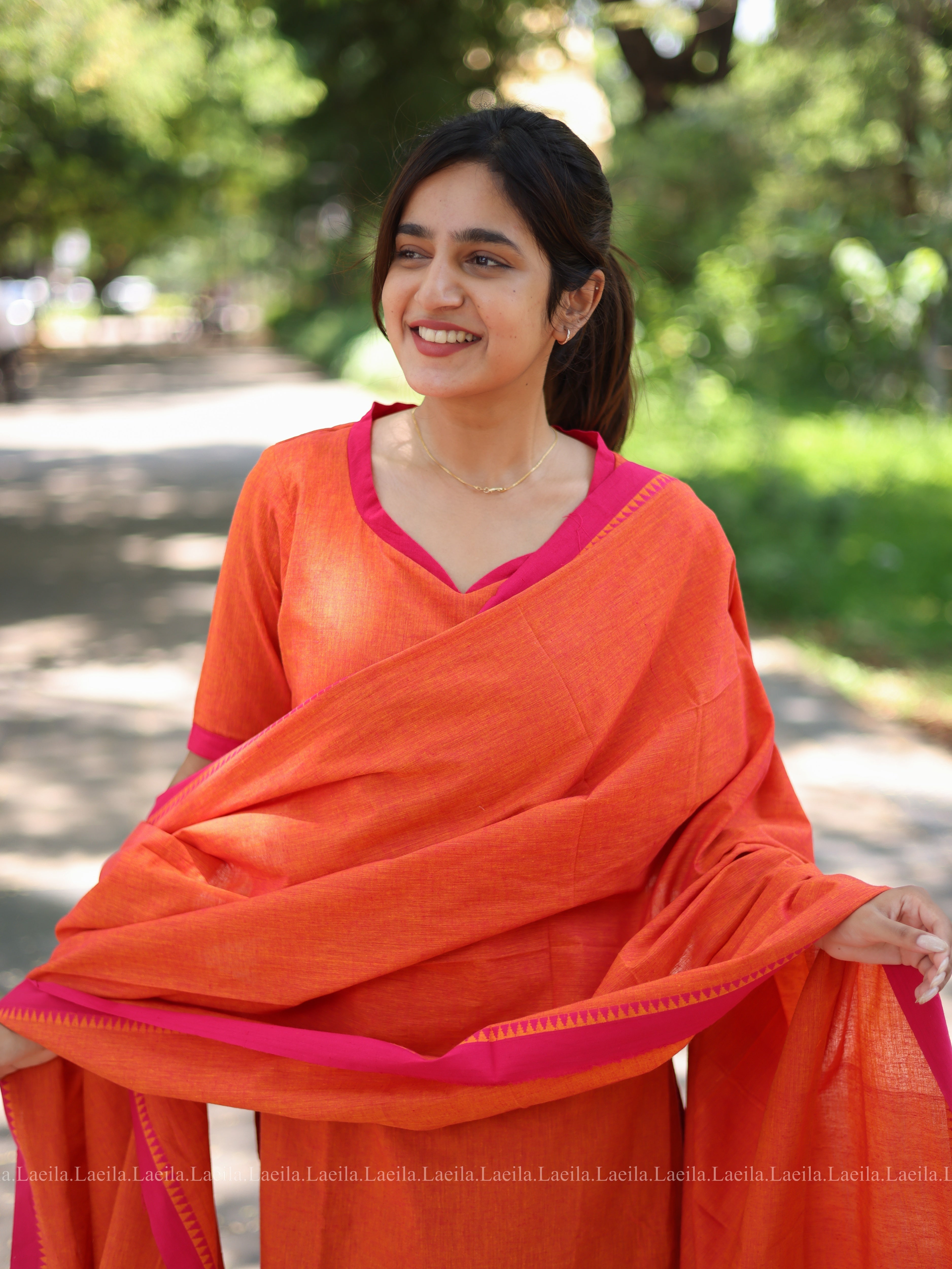 Orange with pink cotton kadhambari set