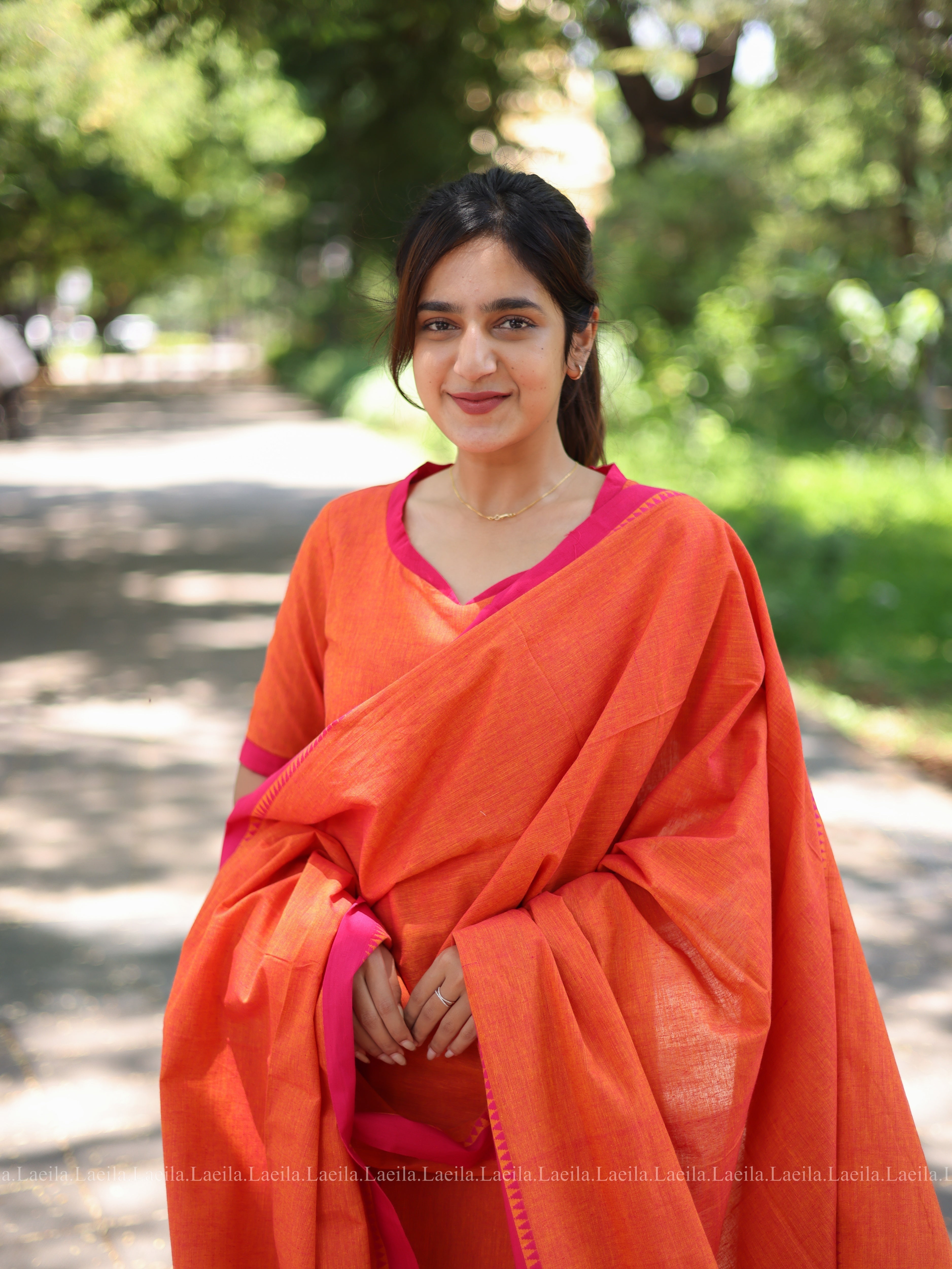 Orange with pink cotton kadhambari set