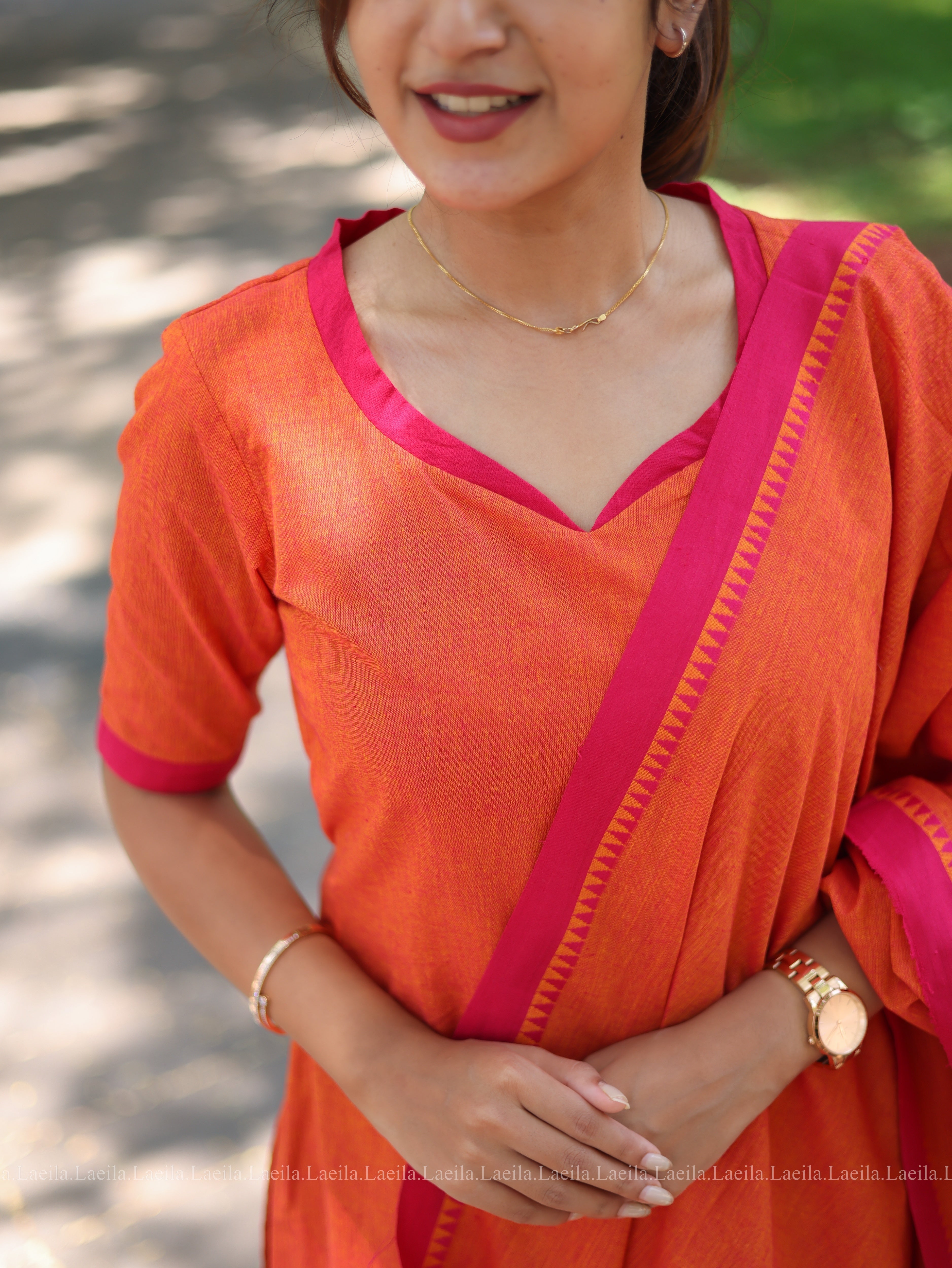 Orange with pink cotton kadhambari set