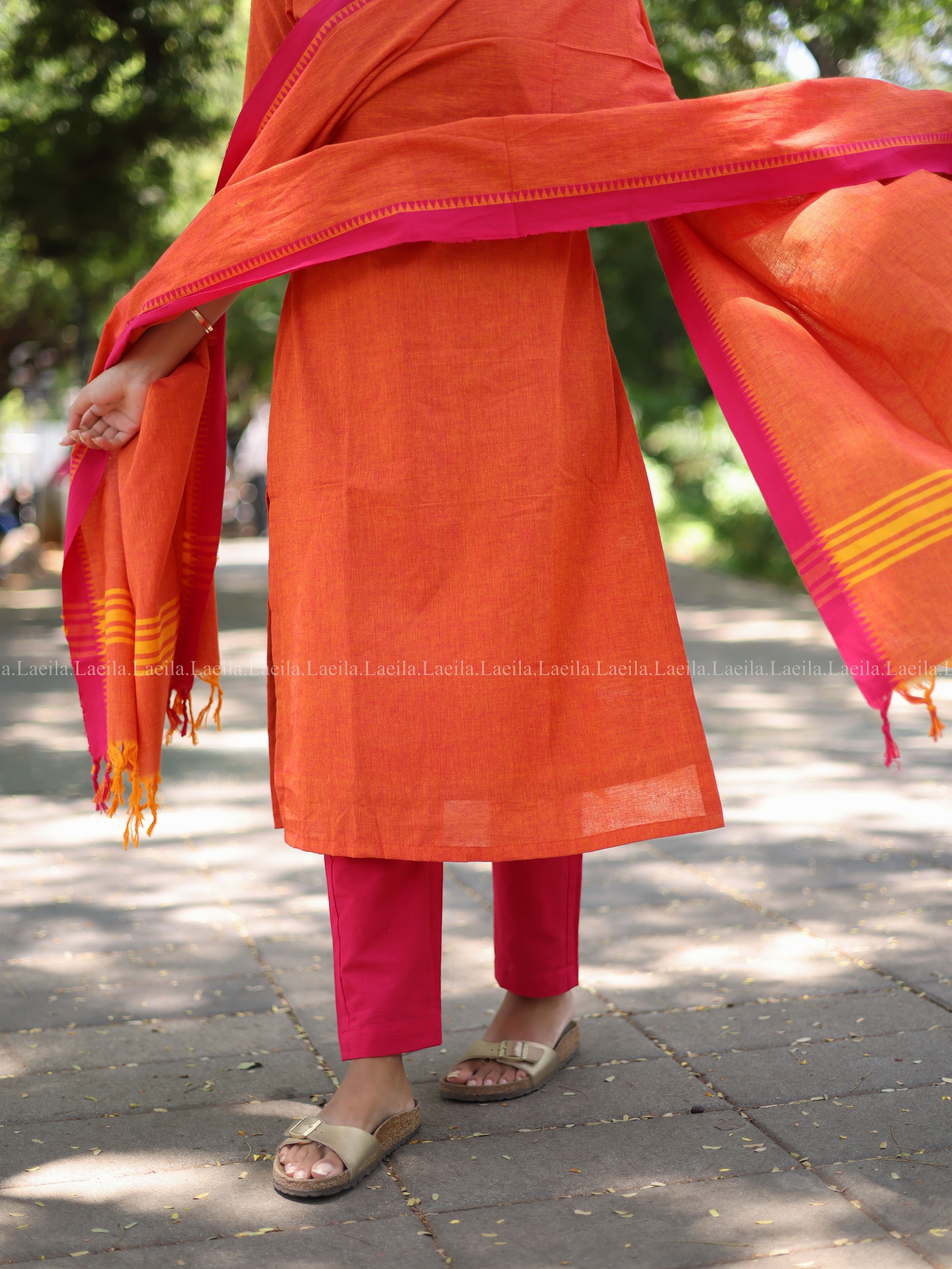 Orange with pink cotton kadhambari set