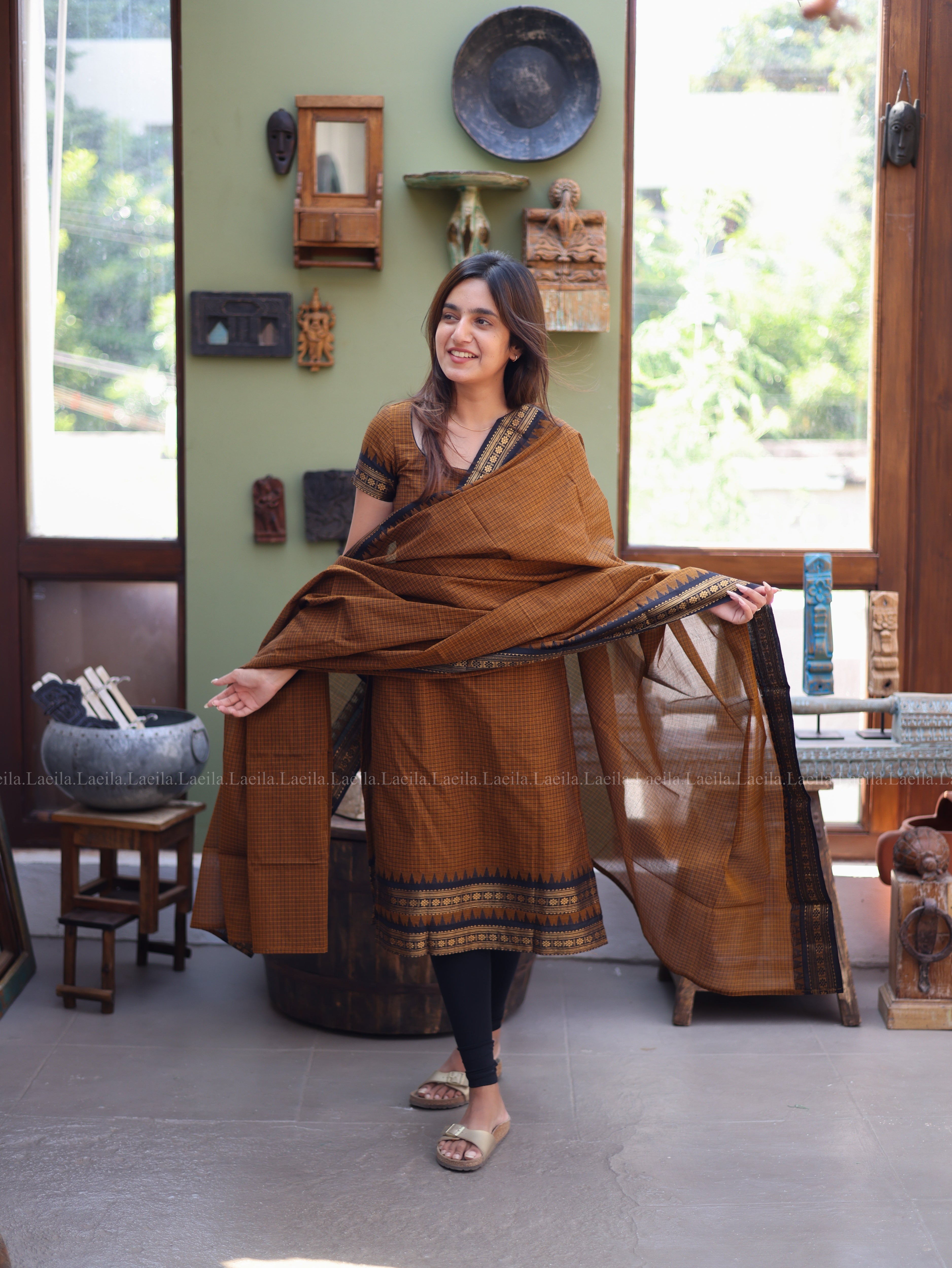Brown Checked & Black Border Kanchi Cotton Top & Dupatta