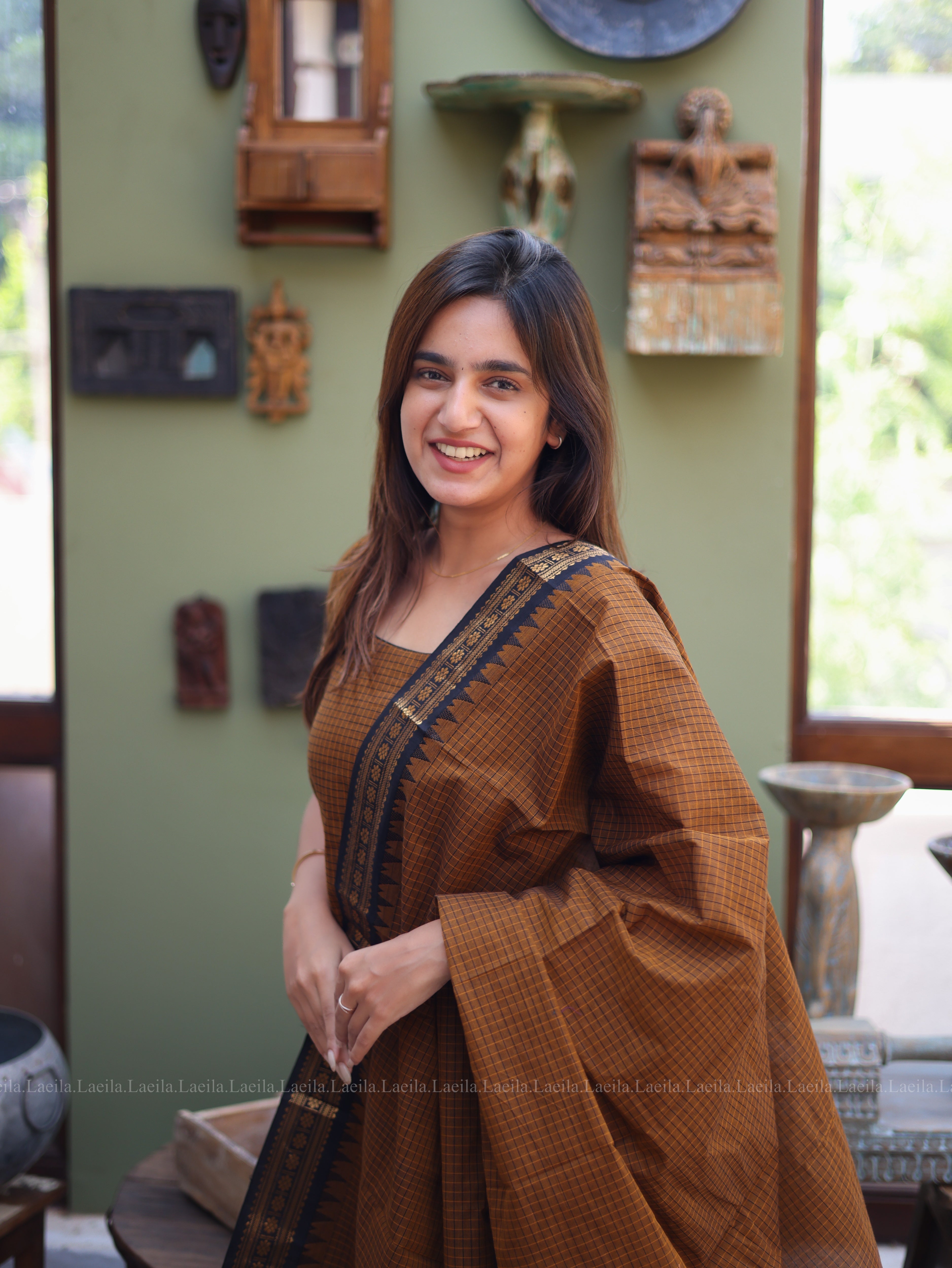 Brown Checked & Black Border Kanchi Cotton Top & Dupatta