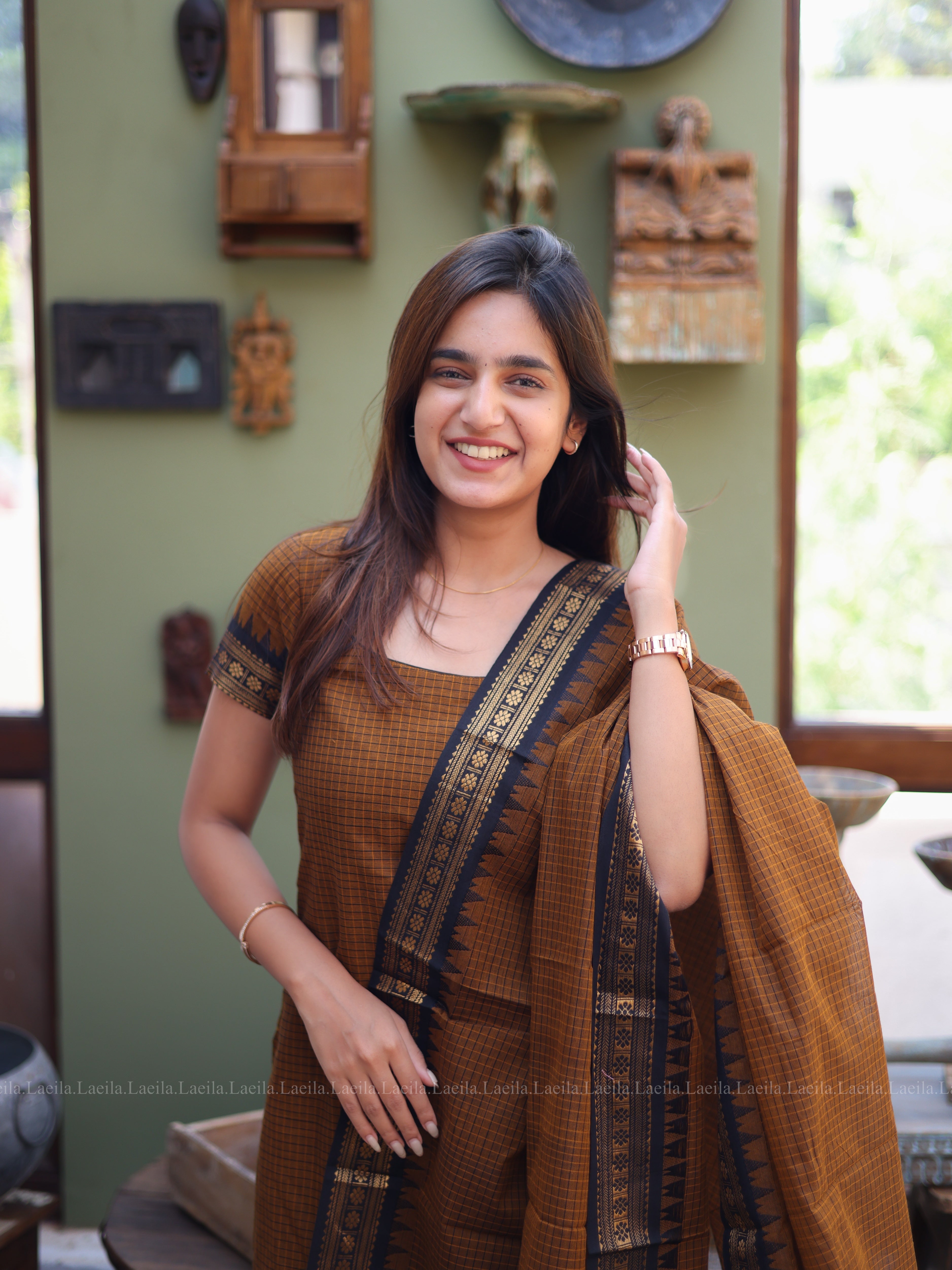 Brown Checked & Black Border Kanchi Cotton Top & Dupatta