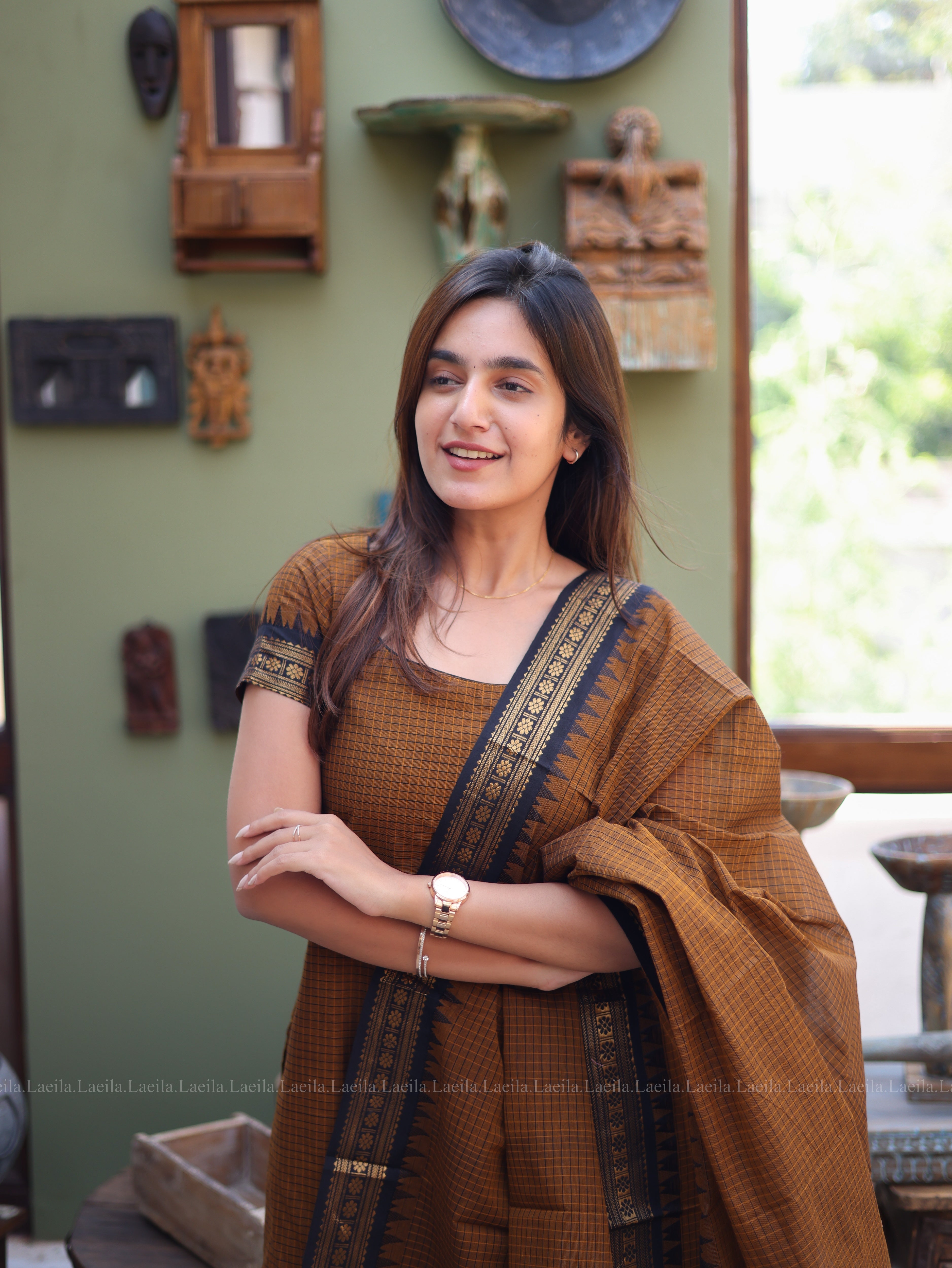 Brown Checked & Black Border Kanchi Cotton Top & Dupatta