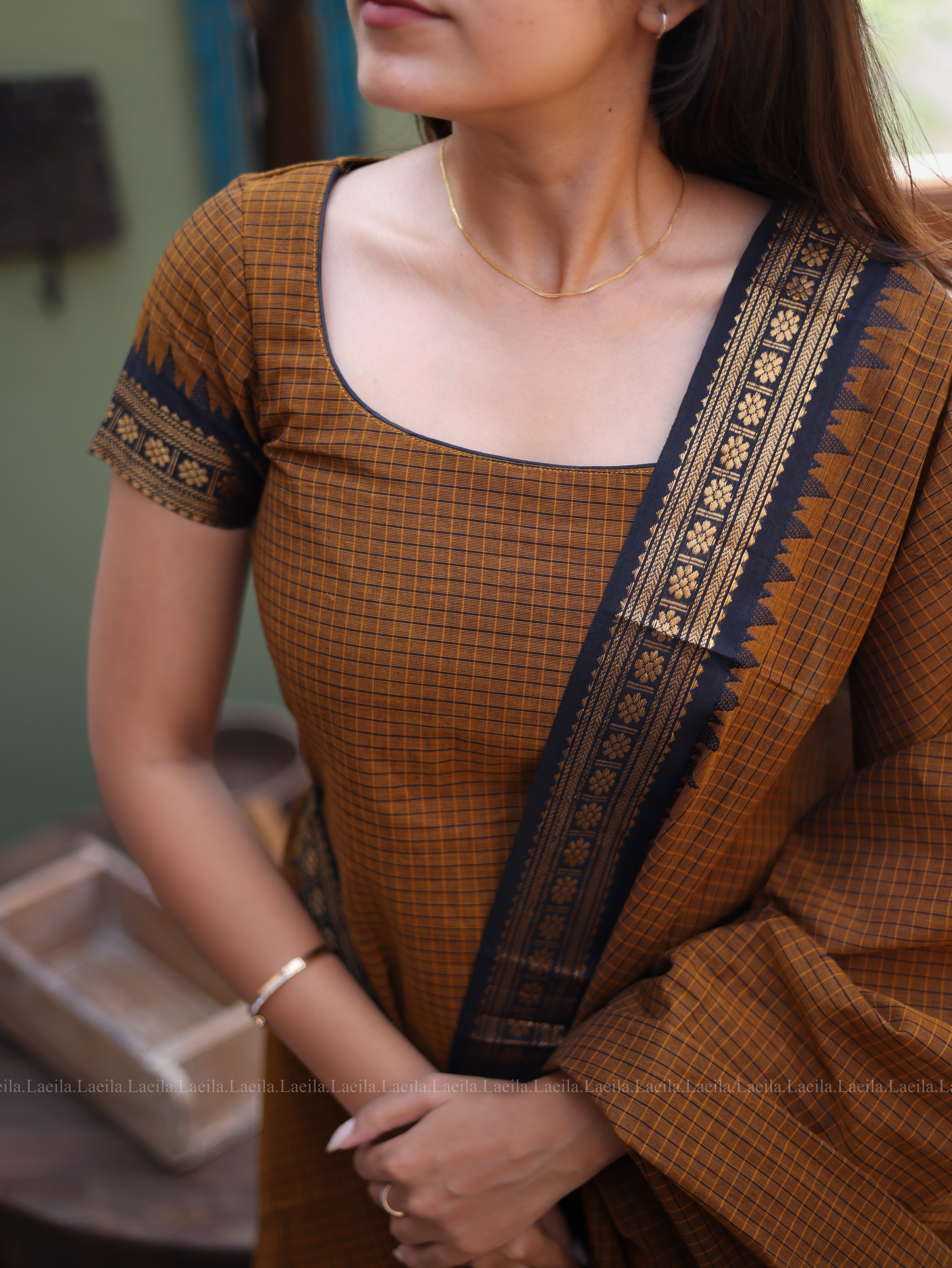 Brown Checked & Black Border Kanchi Cotton Top & Dupatta
