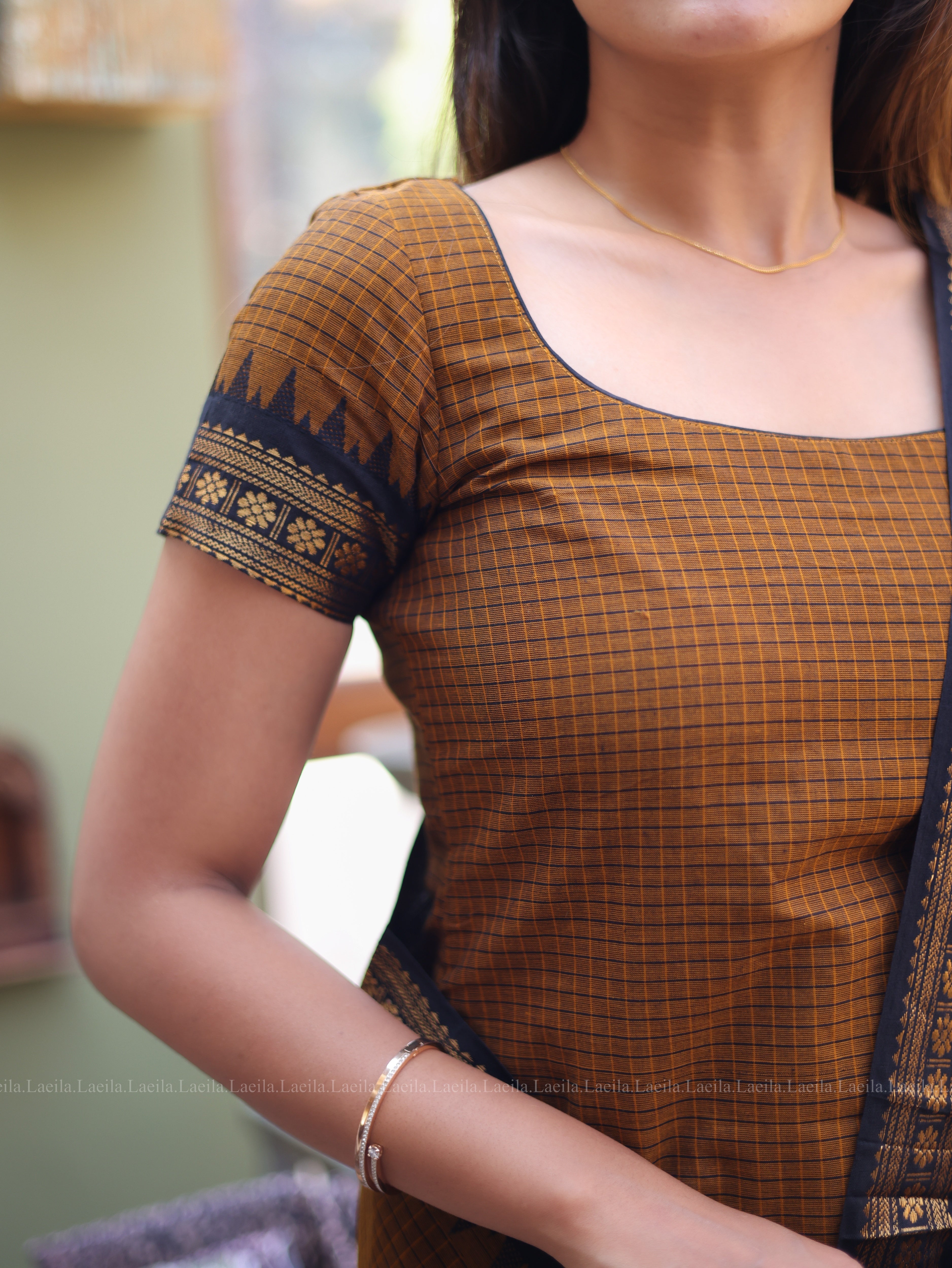 Brown Checked & Black Border Kanchi Cotton Top & Dupatta