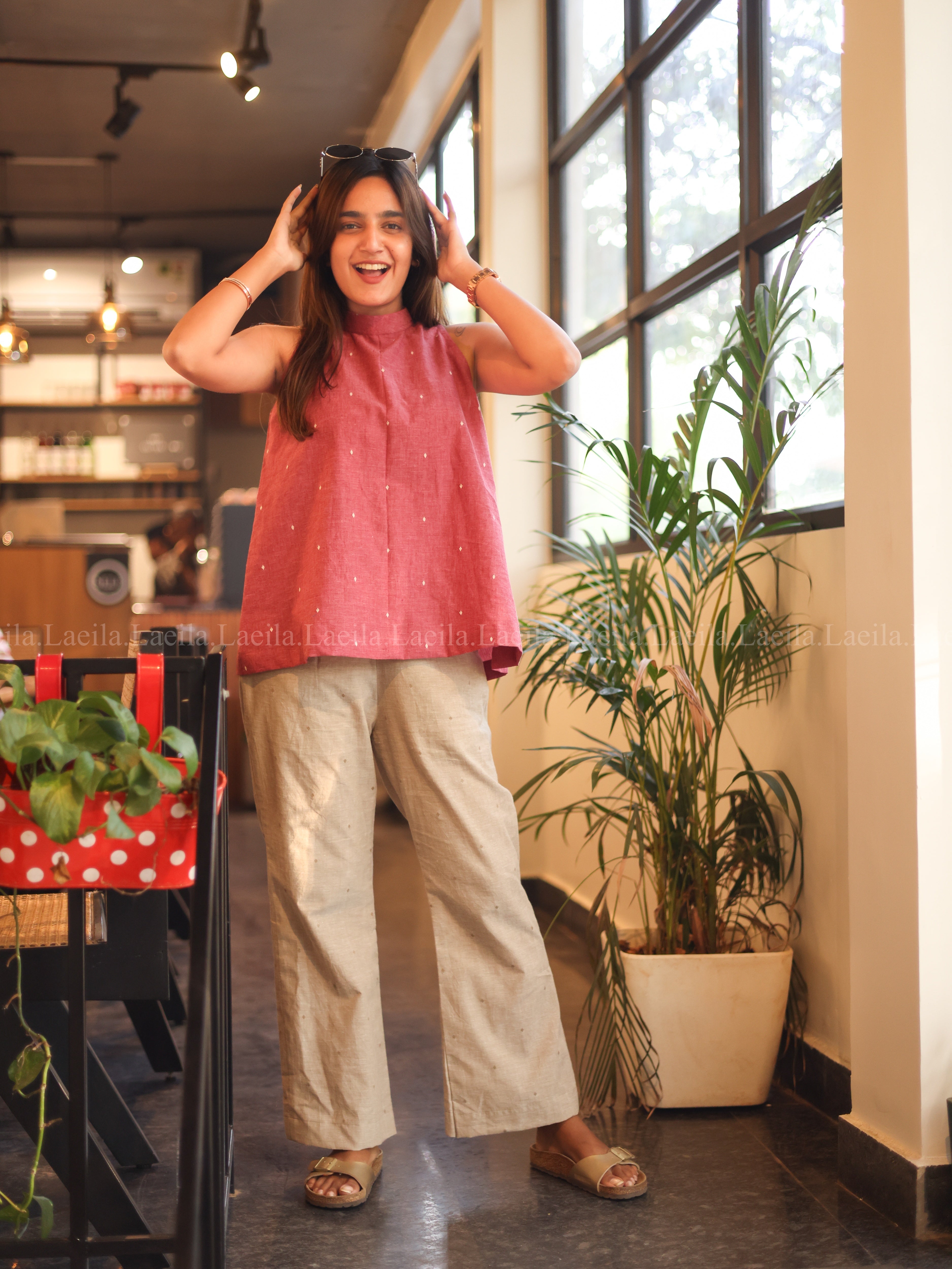 Foxy Pink Hayati Top & Beige Pant Set