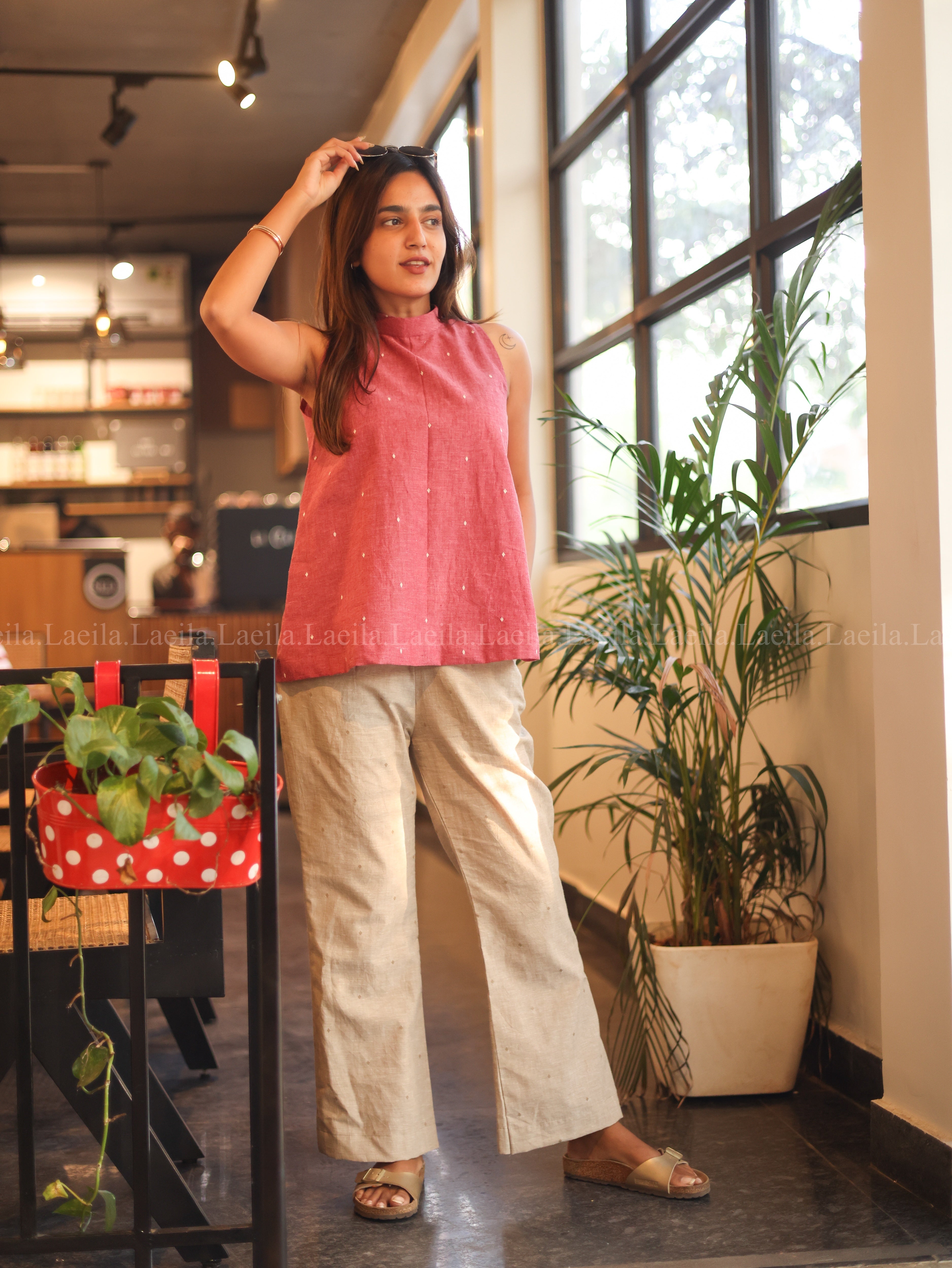 Foxy Pink Hayati Top & Beige Pant Set