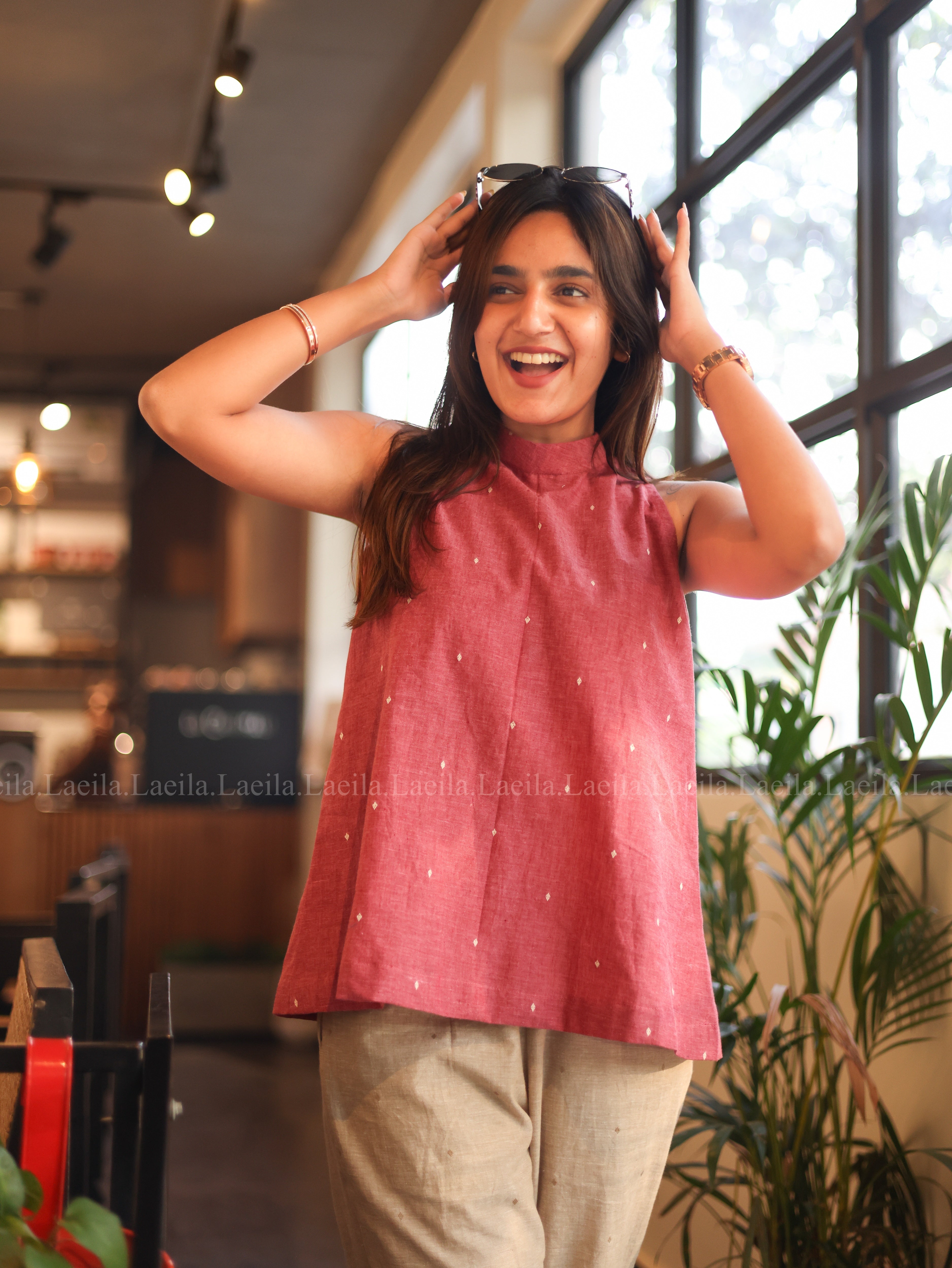 Foxy Pink Hayati Top & Beige Pant Set