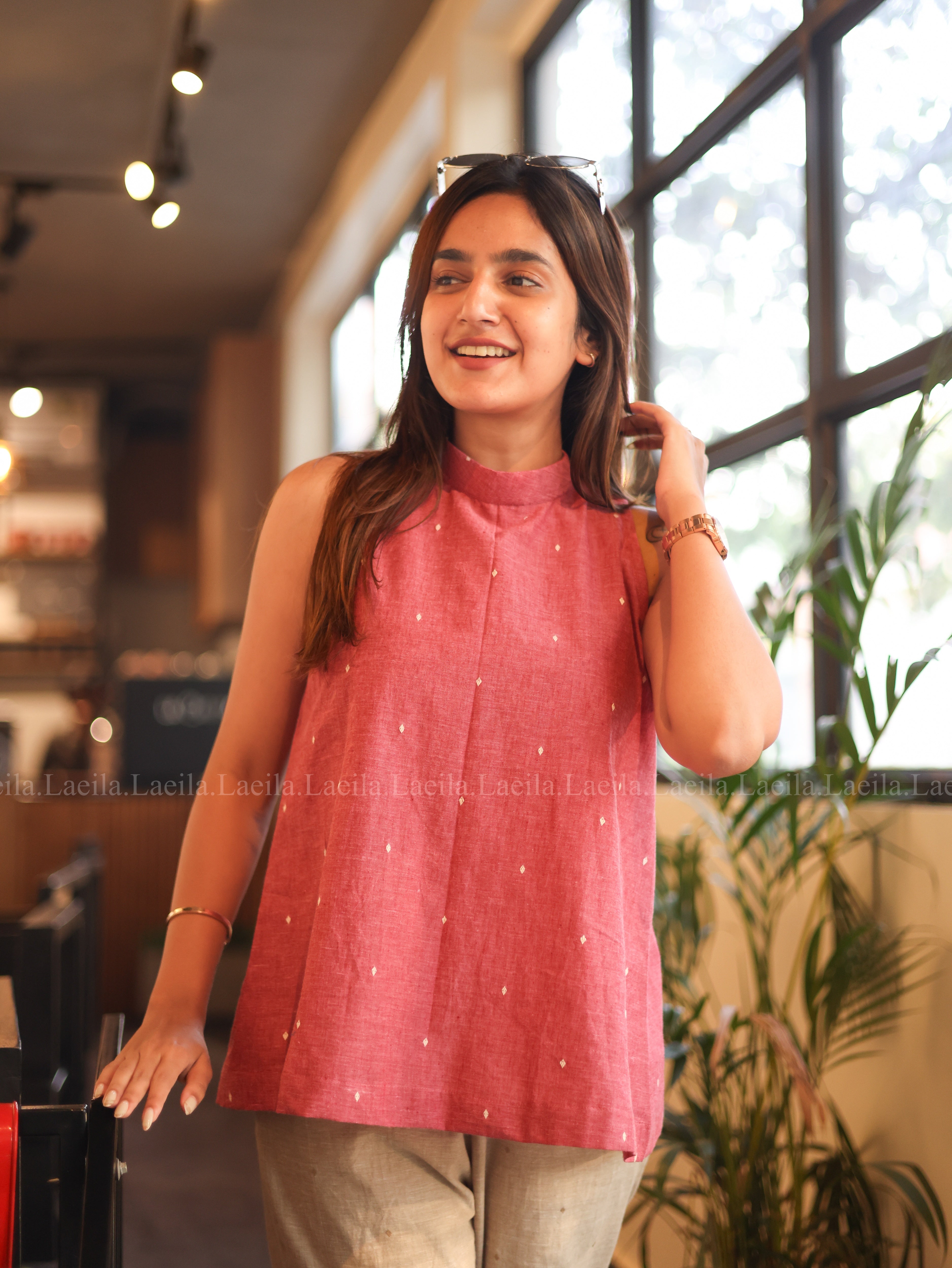 Foxy Pink Hayati Top & Beige Pant Set