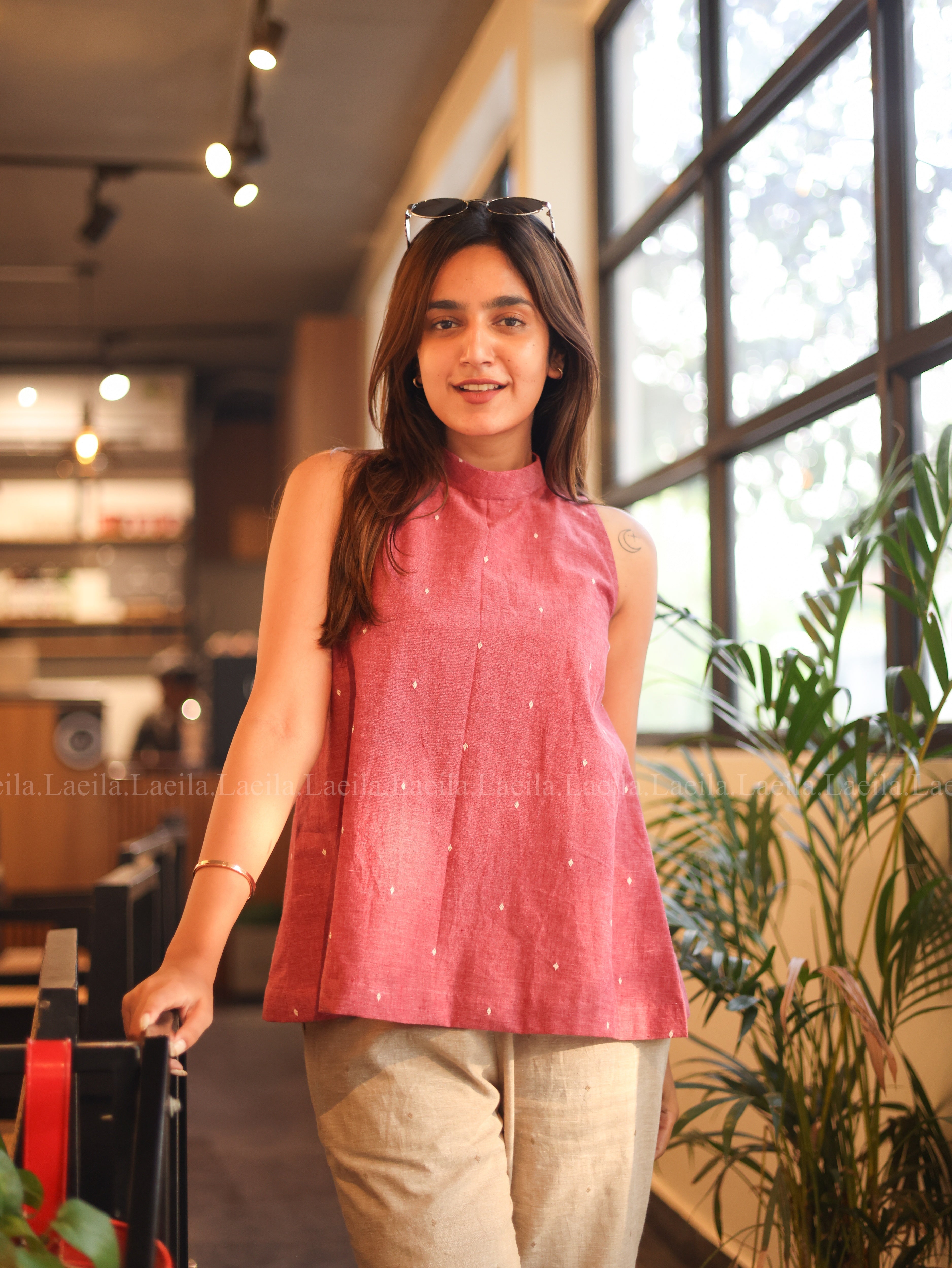 Foxy Pink Hayati Top & Beige Pant Set