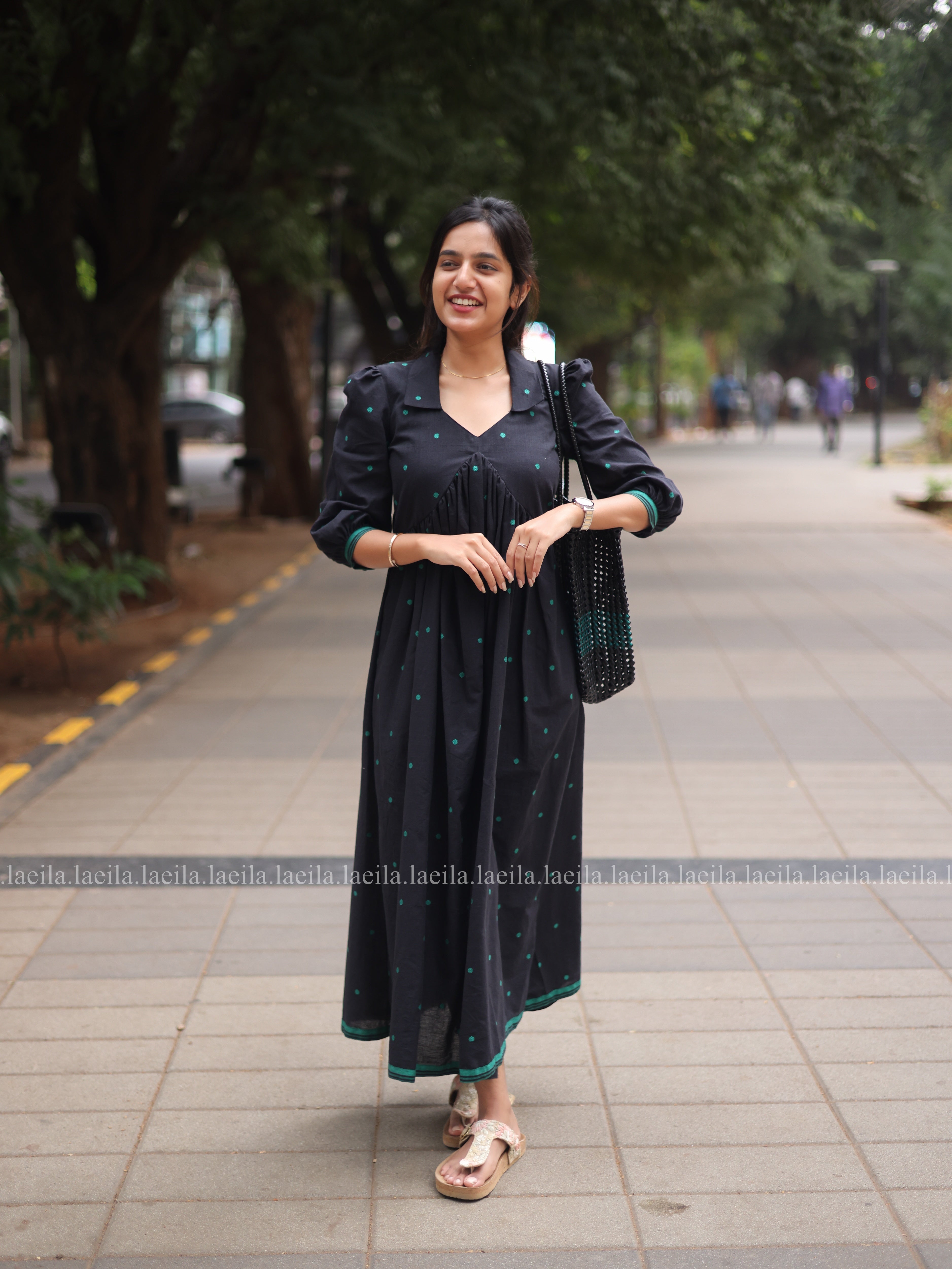 Black with green dots Alia cut Dress