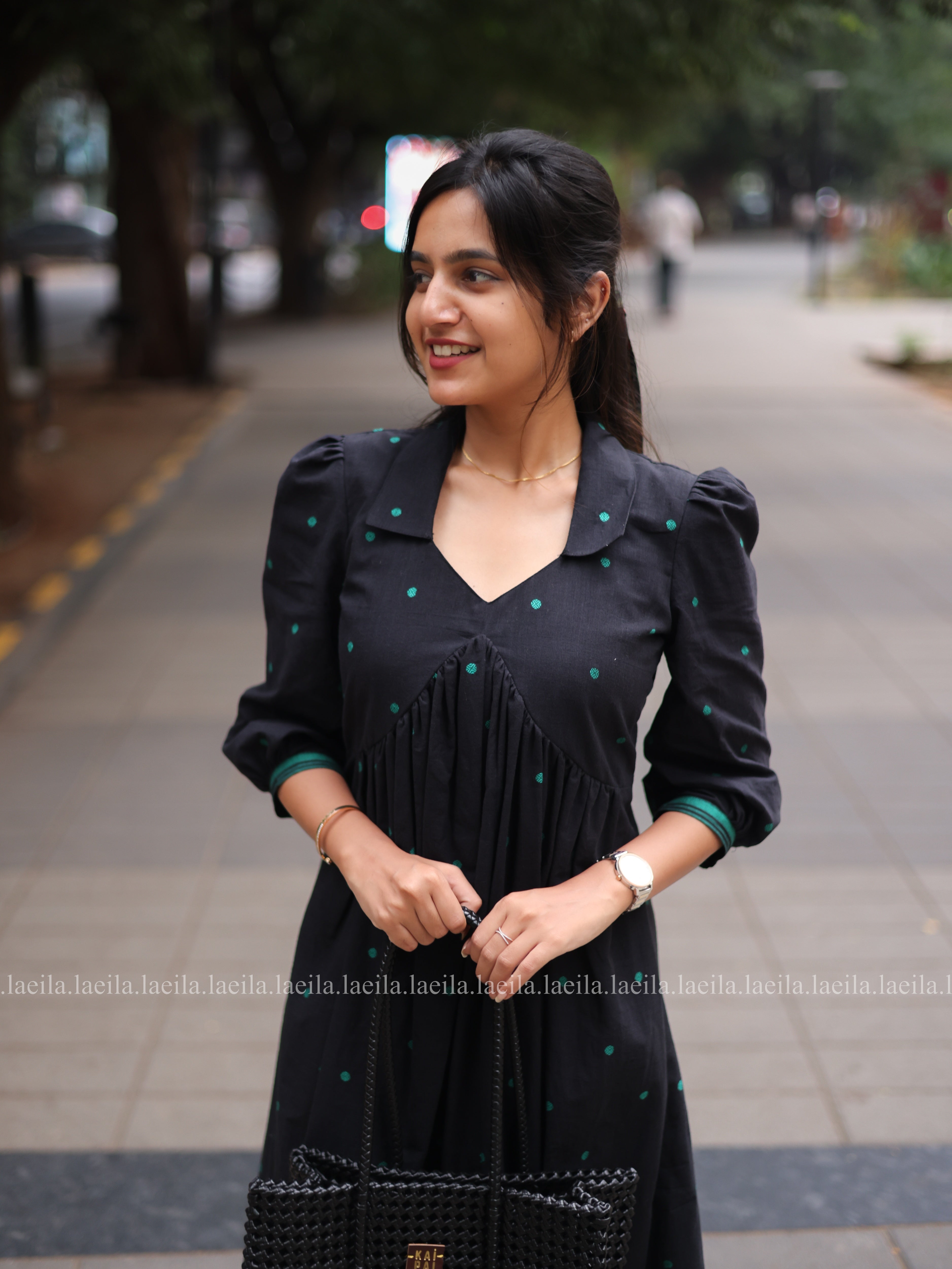 Black with green dots Alia cut Dress