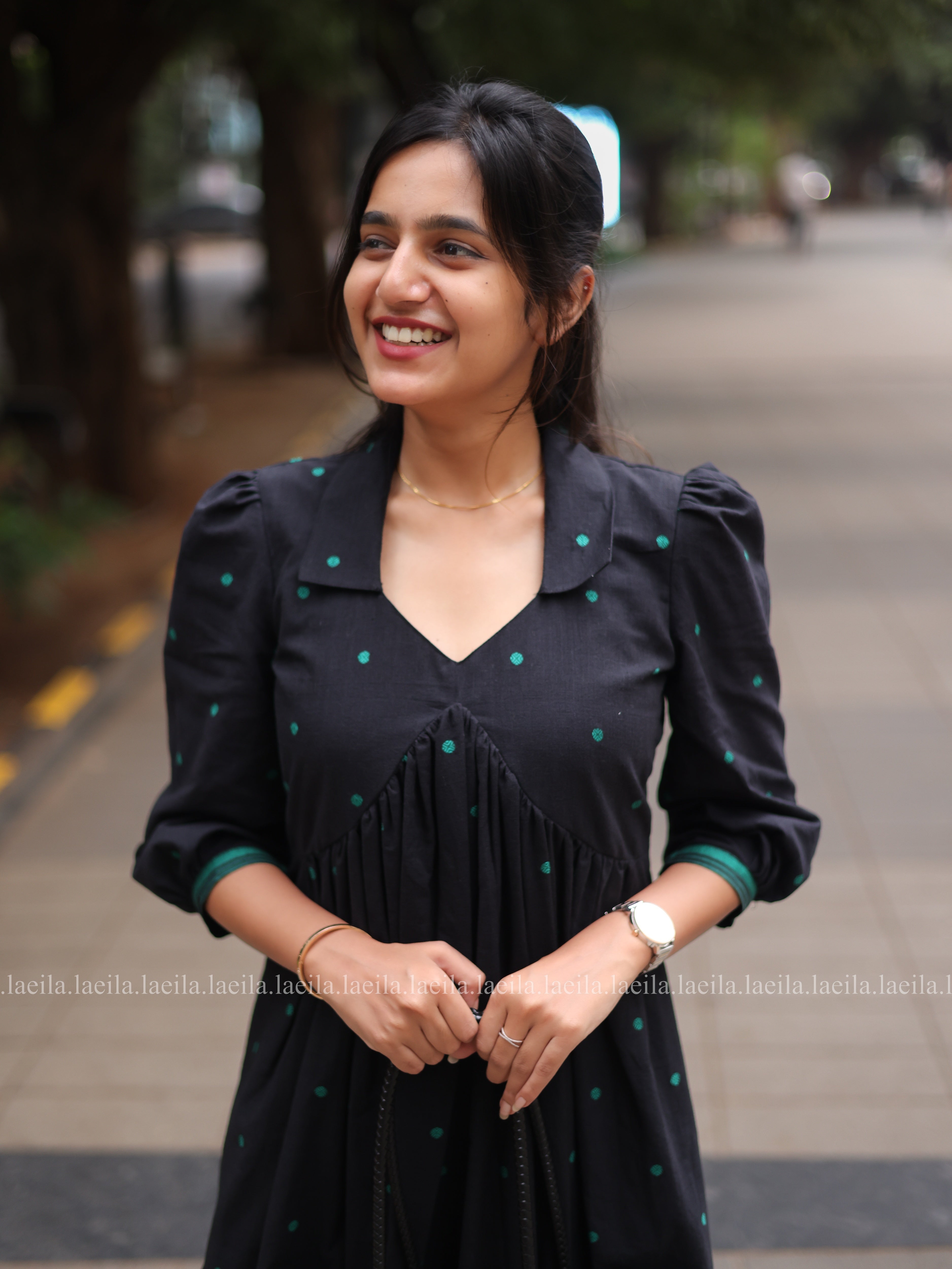 Black with green dots Alia cut Dress