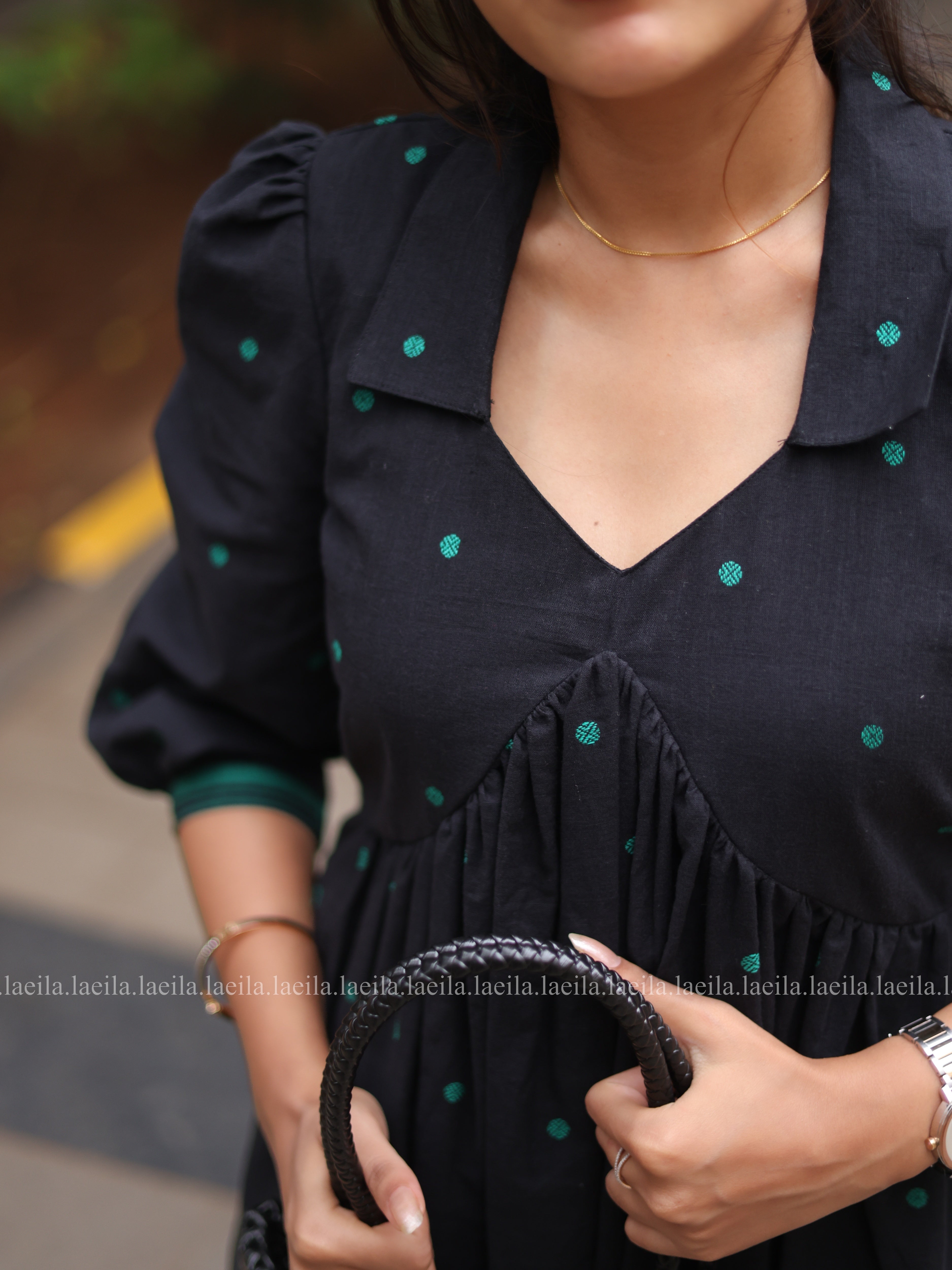 Black with green dots Alia cut Dress