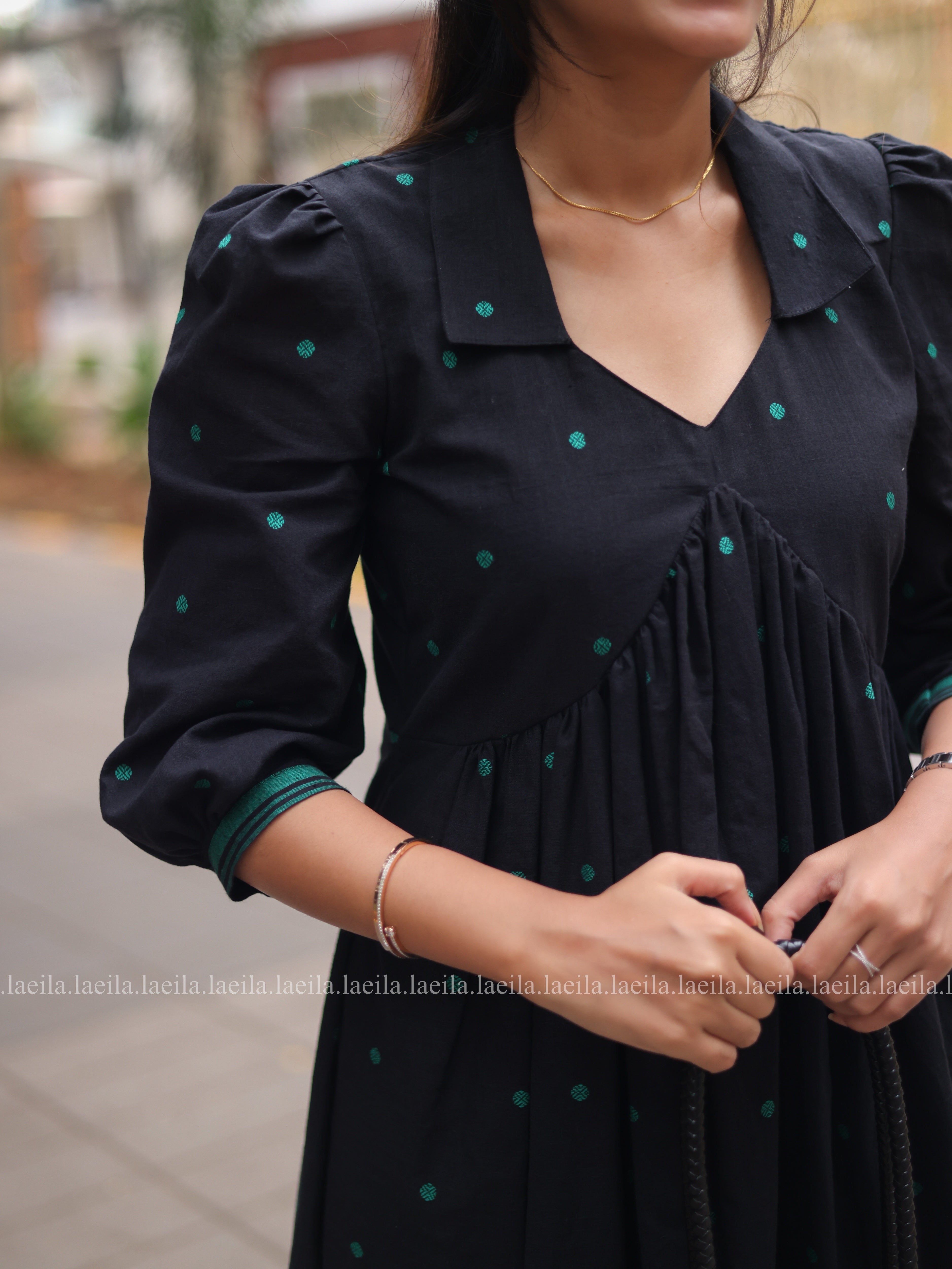 Black with green dots Alia cut Dress