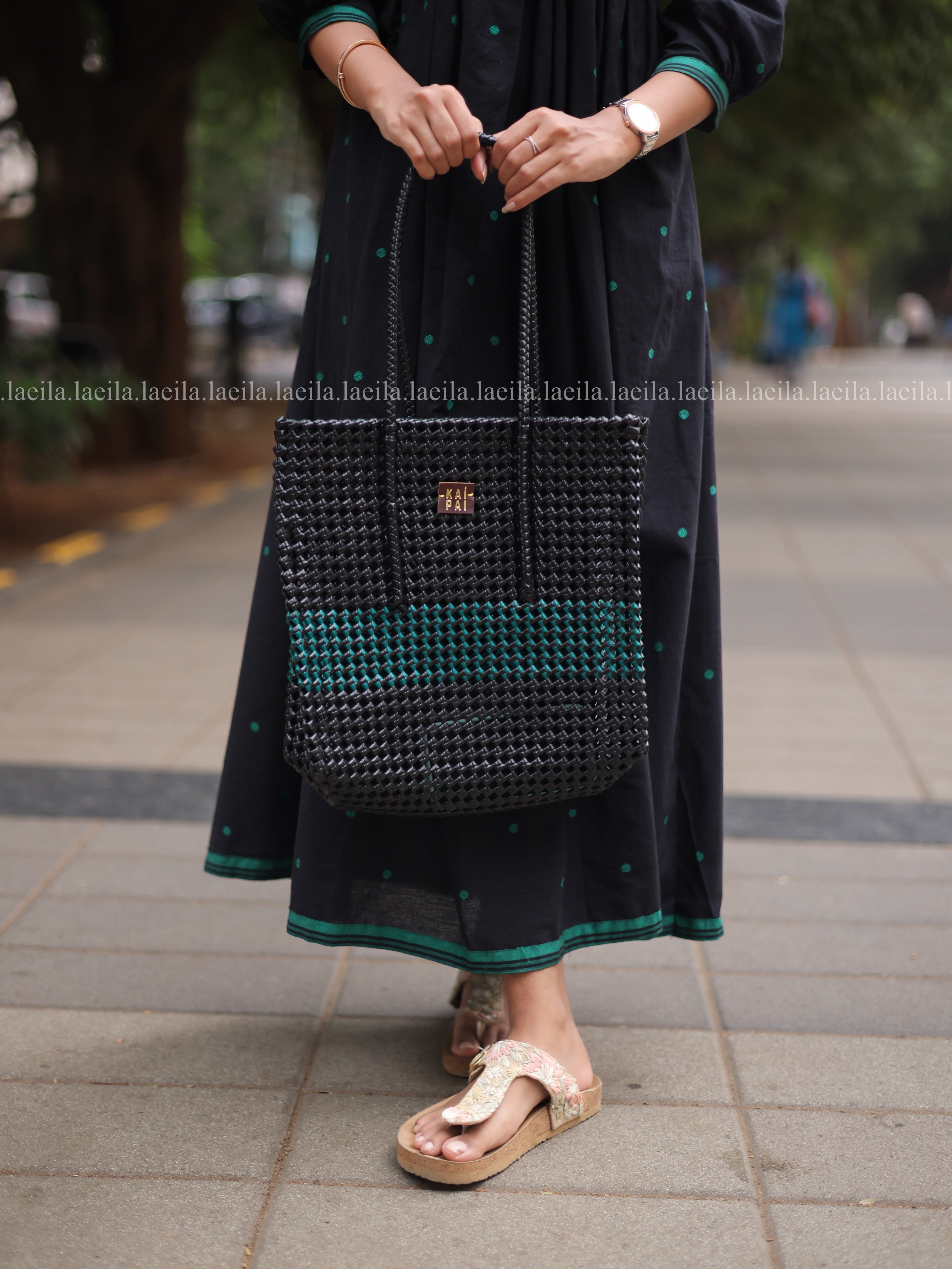 Black with green dots Alia cut Dress