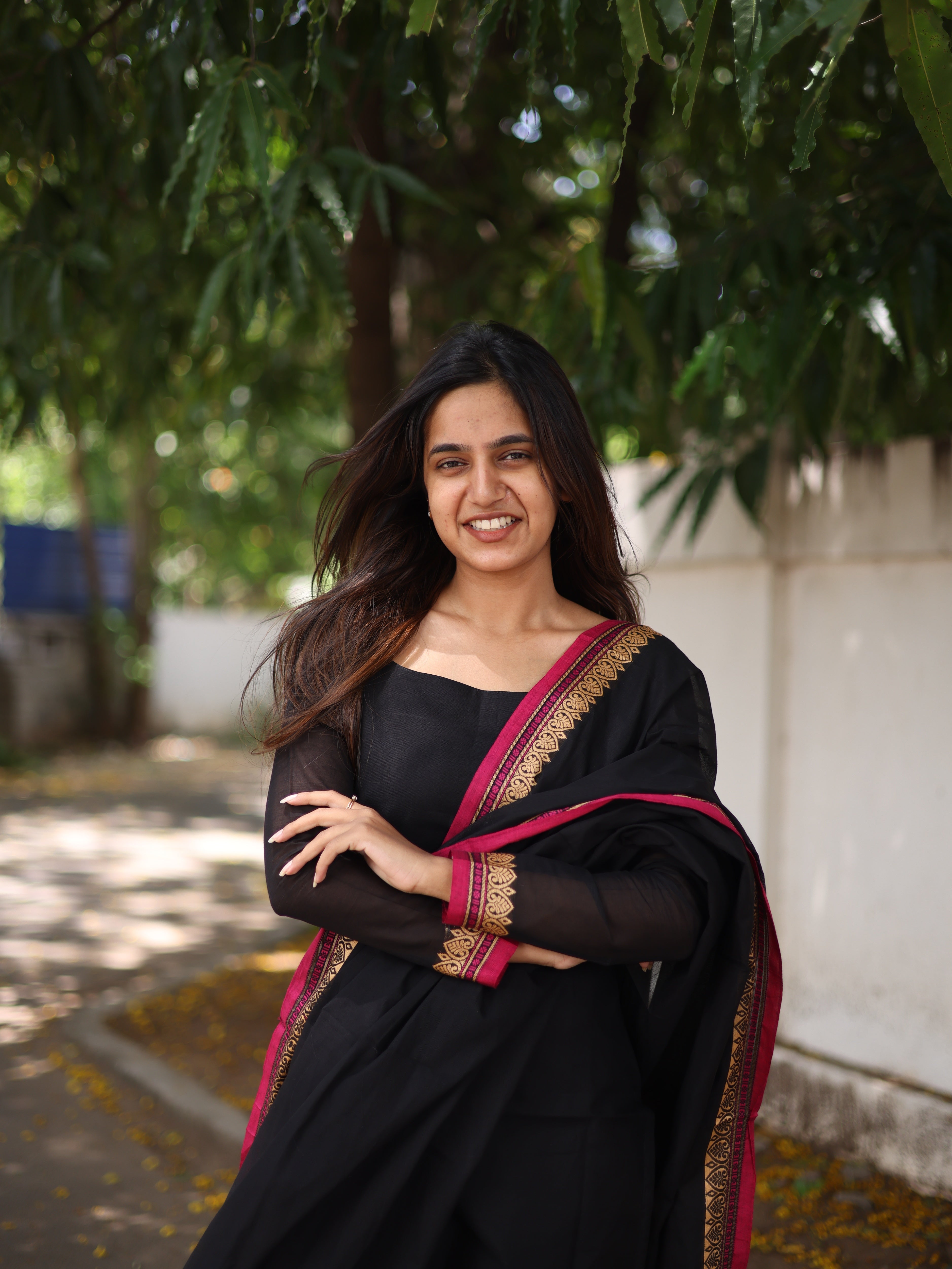 Black with pink border kanchi cotton top and duppata