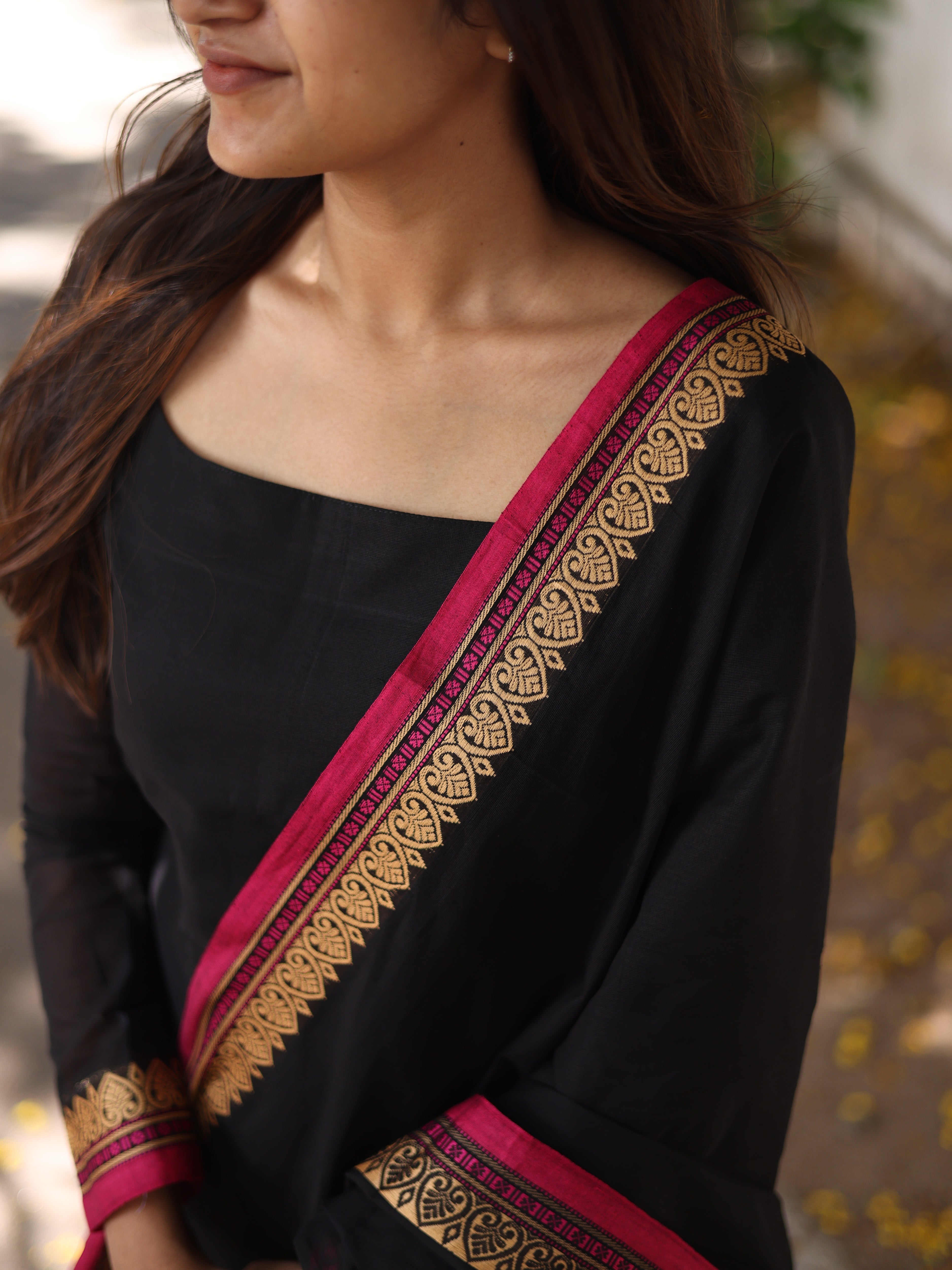 Black with pink border kanchi cotton top and duppata