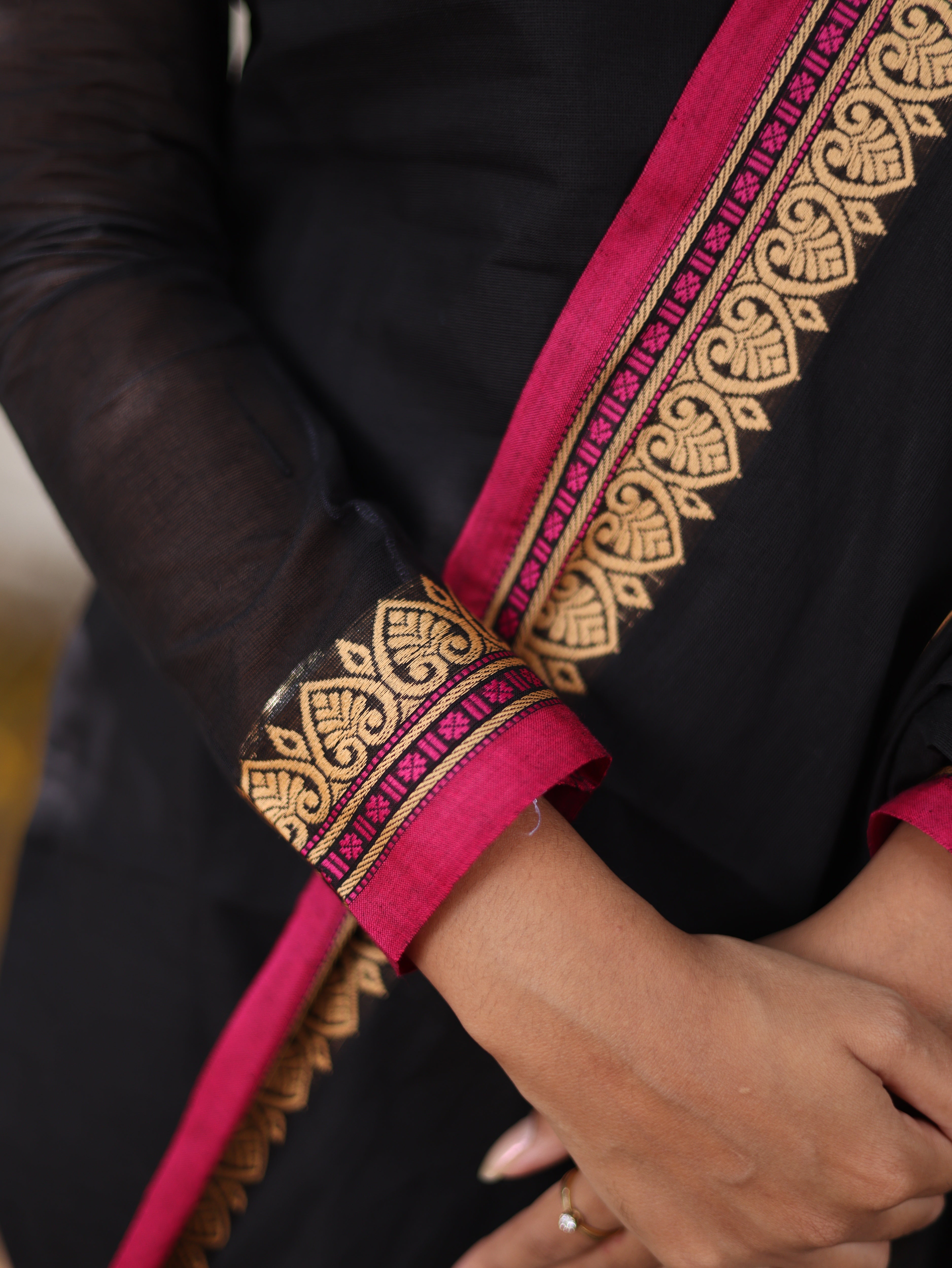 Black with pink border kanchi cotton top and duppata