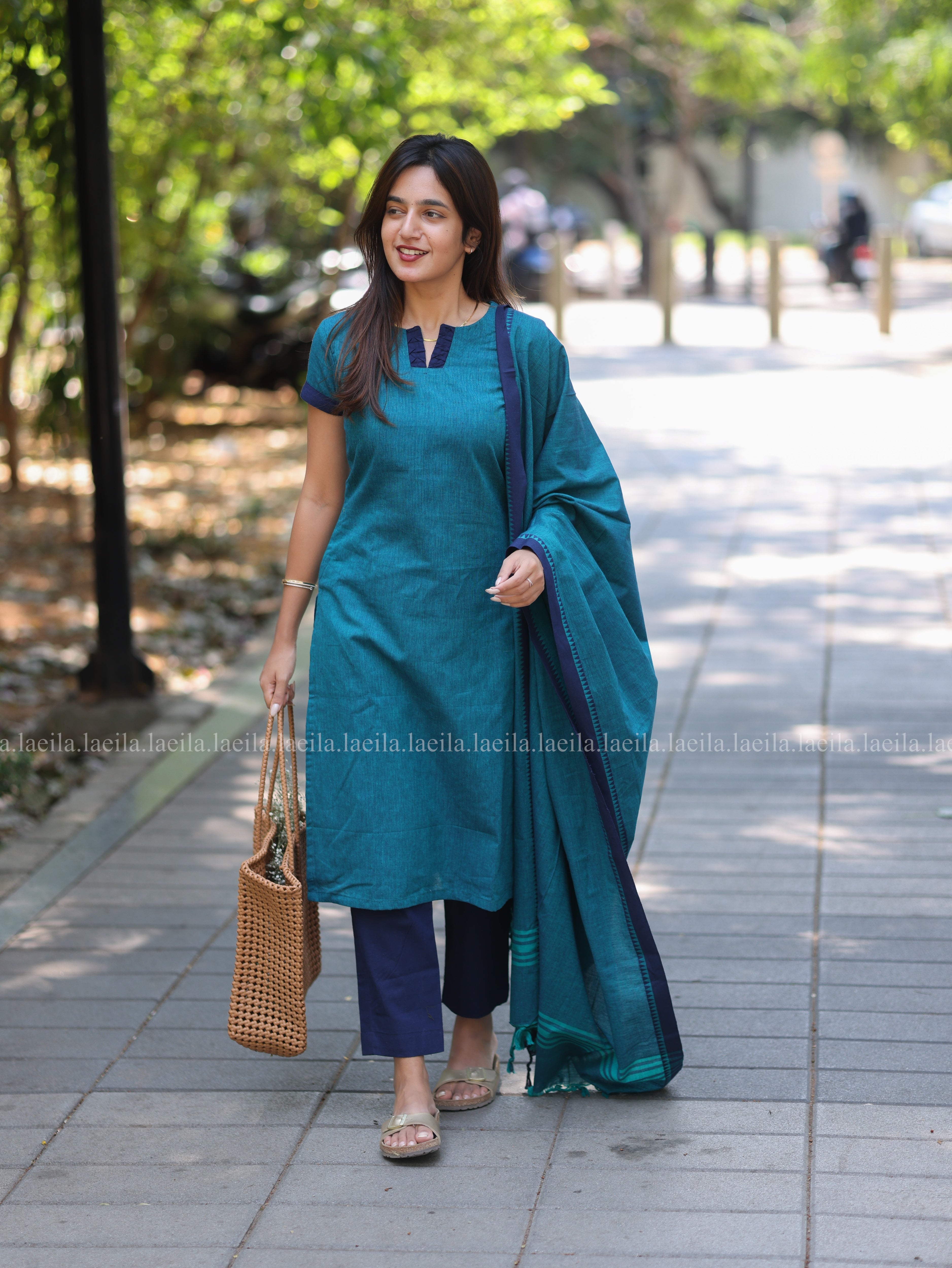 Peacock Blue Cotton Kadhambari Set
