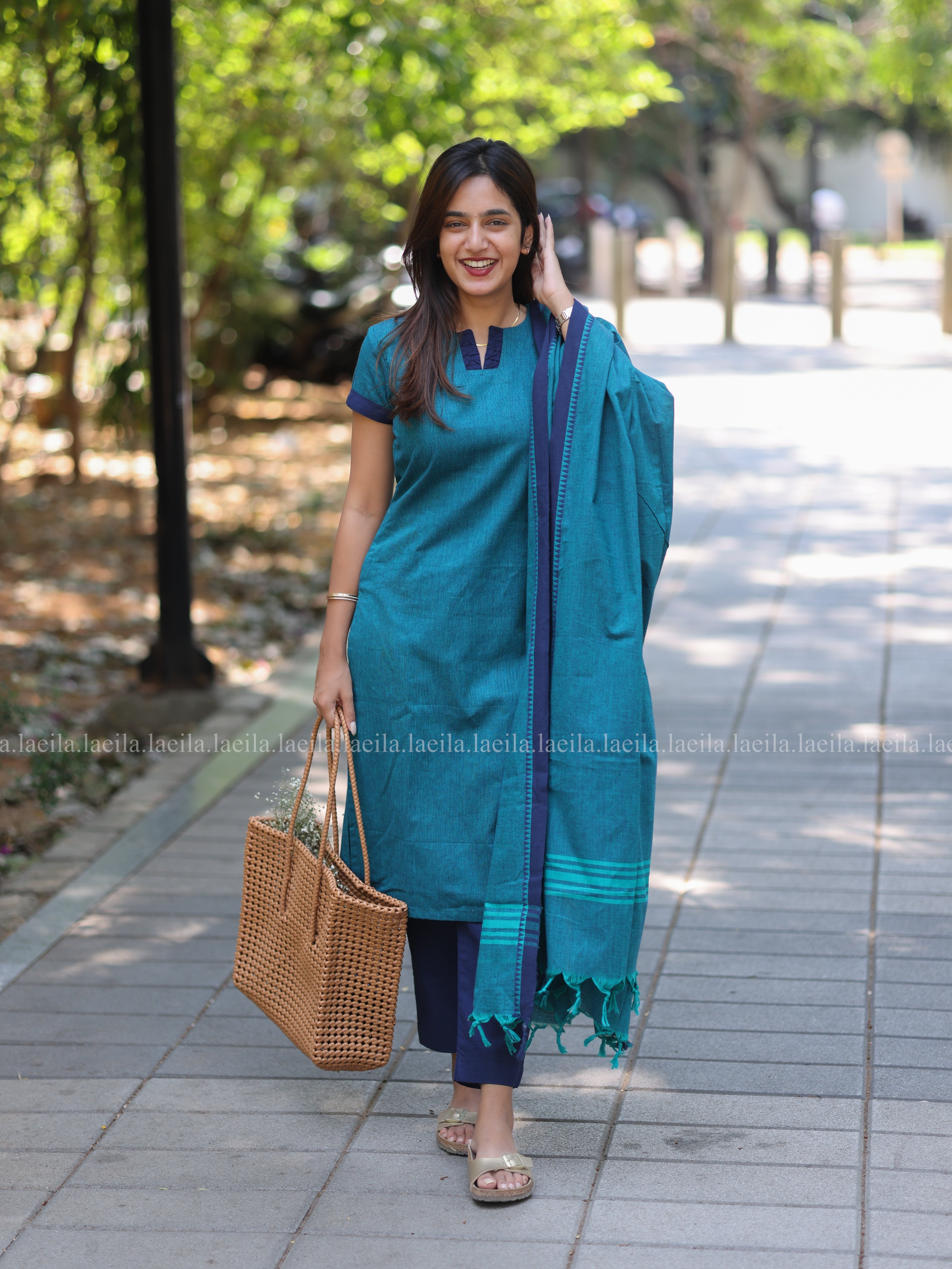 Peacock Blue Cotton Kadhambari Set