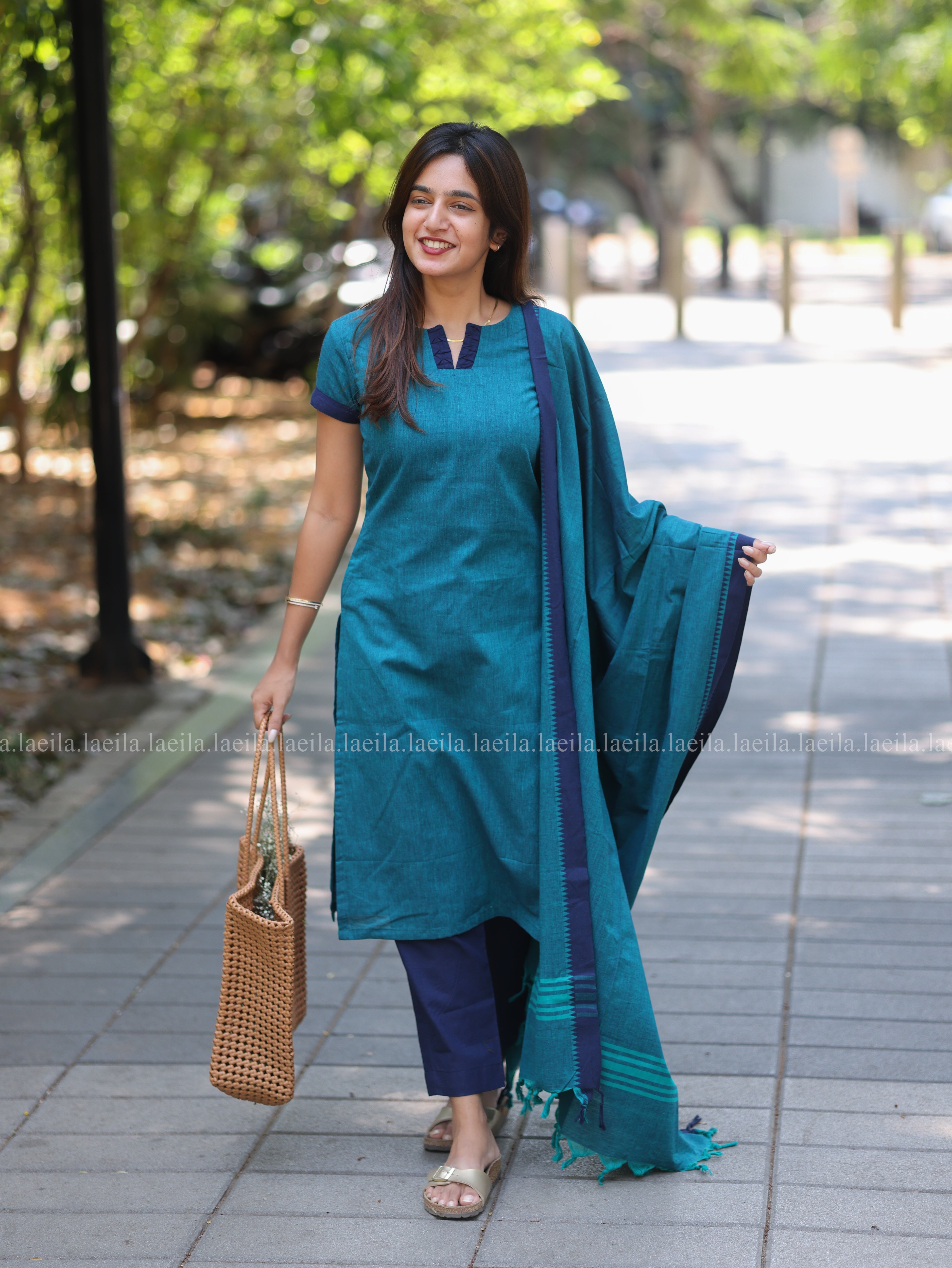 Peacock Blue Cotton Kadhambari Set