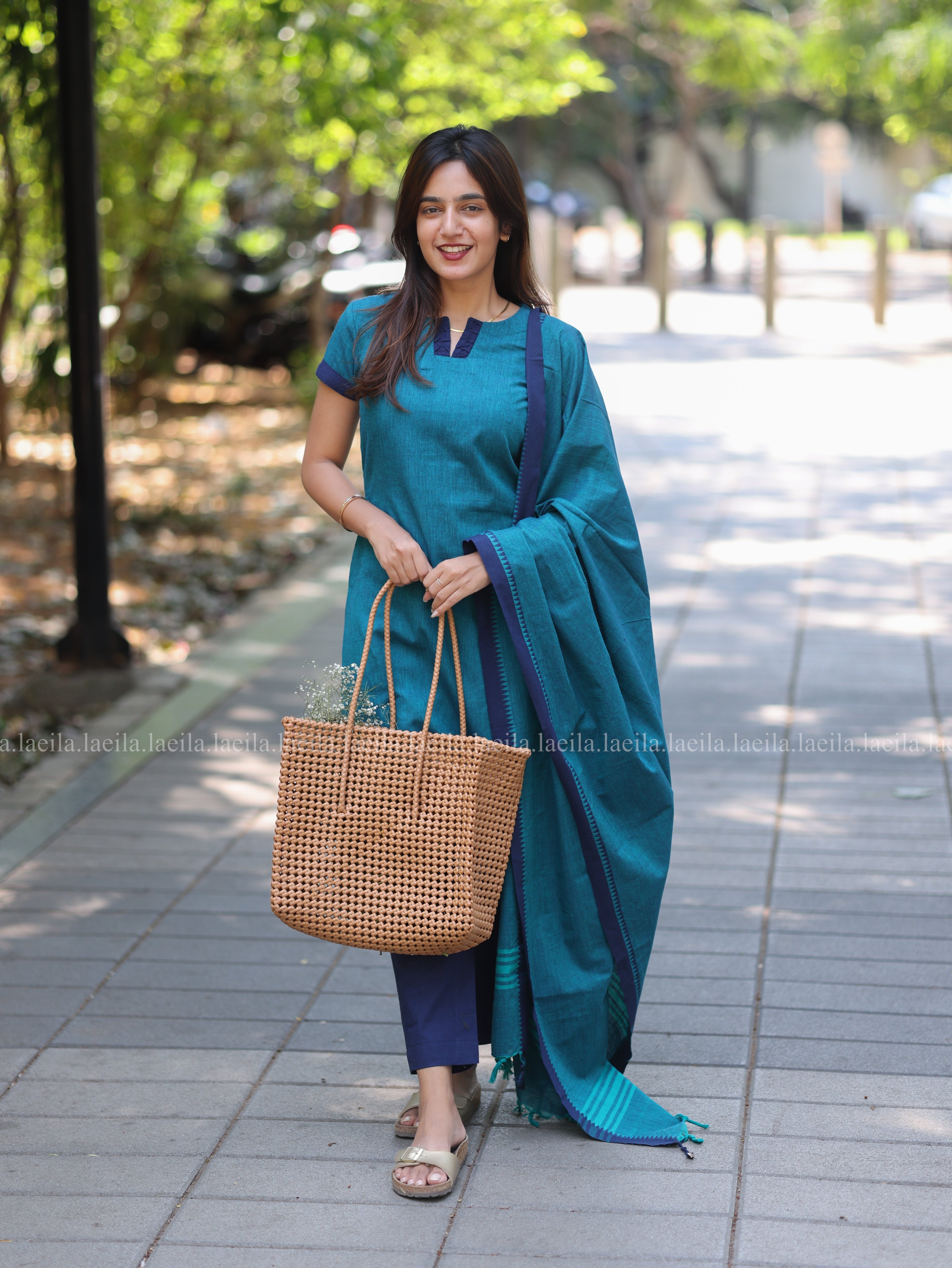 Peacock Blue Cotton Kadhambari Set